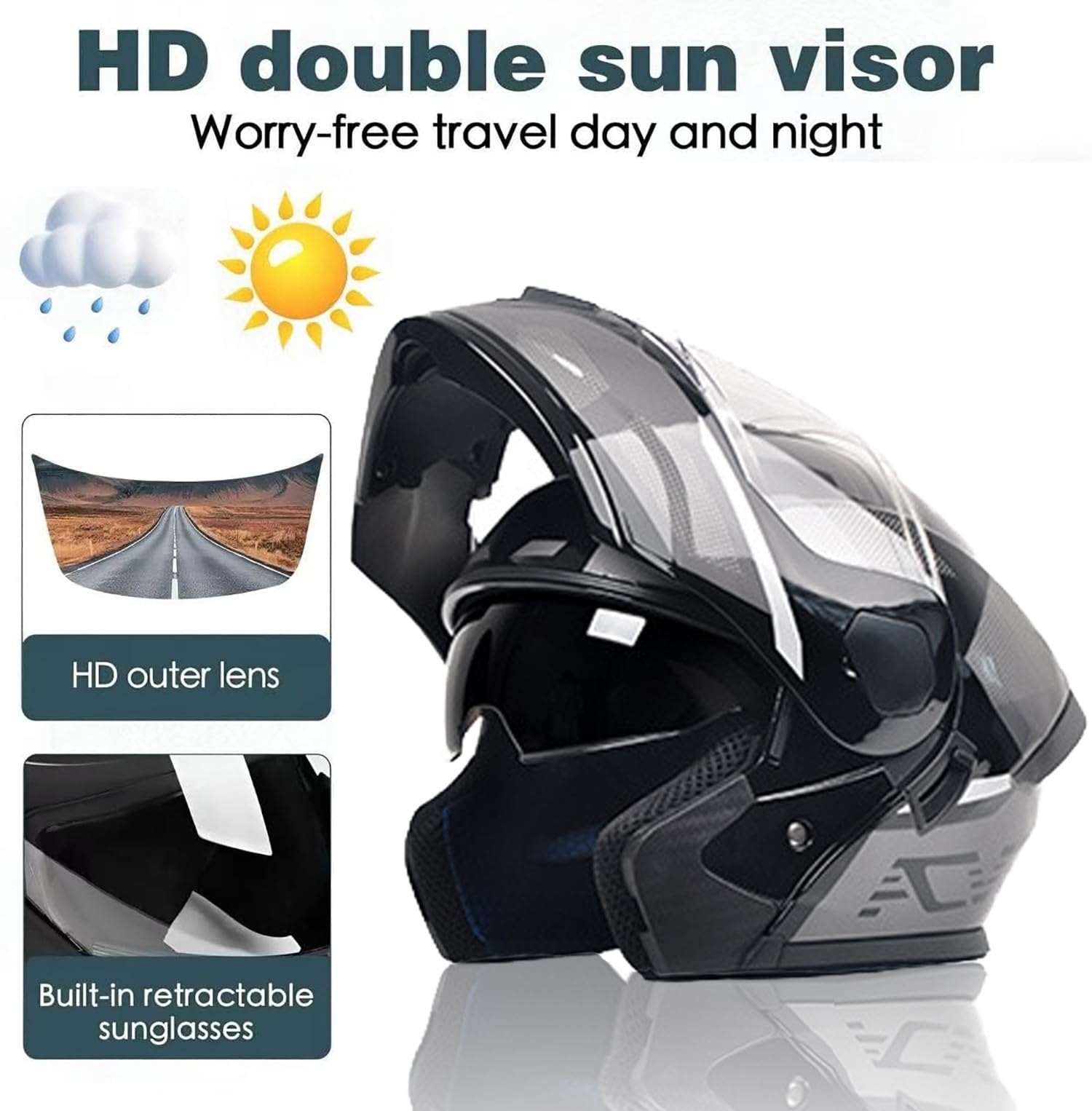 Casco Abatible con Doble Visera, Casco Moto Modular con Bluetooth, Guantes Térmicos Touchscreen, 40 Piezas Cintas Reflectantes, ECE Homologado Doble Visera, Mujer Hombre Adultos I,Large