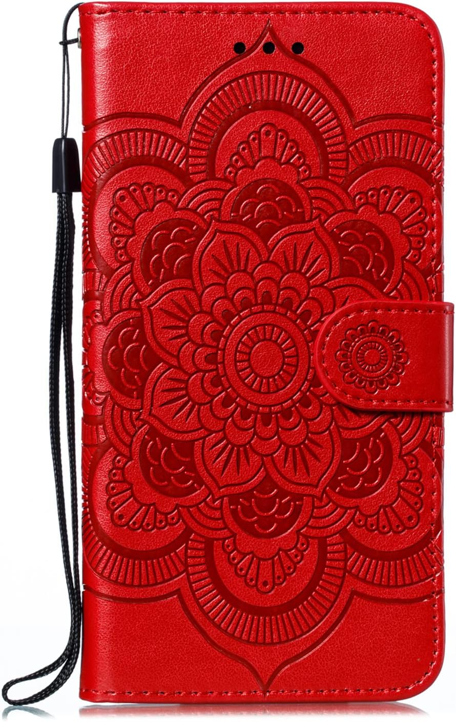 EYZUTAK Case for iPhone 14 Pro Max, Premium PU Leather Magnetic Flip Wallet Case with Card Holder Cash Slot Lanyard Strap Kickstand Function Embossed Mandala Flower Pattern Shockproof Cover - Red - Image 9