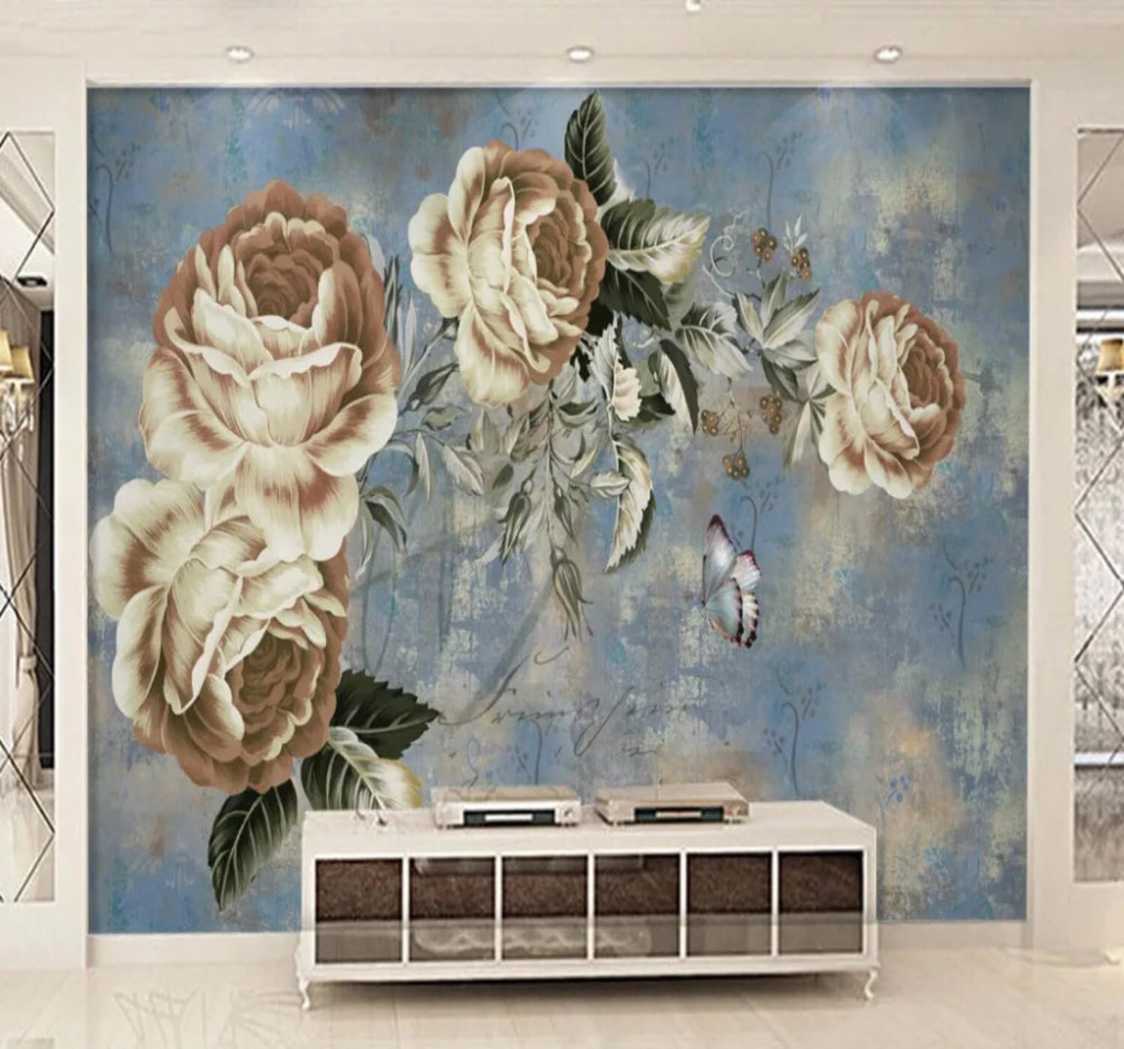 Wallpaper-3D-Xlm 250Cm×170Cm(B×H) Vintage Elegant Watercolour Roses Butterflies 3D Wallpaper Easy Install Feature Office Living Room Sofa Bedroom Tv Background Wall Decoration-250Cm×170Cm