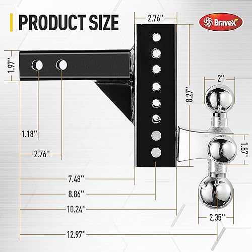Miniatura 5 de Bravex Enganche de remolque ajustable se adapta a receptor de 2 pulgadas, triple bola (1-78 pulgadas x 2 x 2-516 pulgadas), enganche de caída de 6