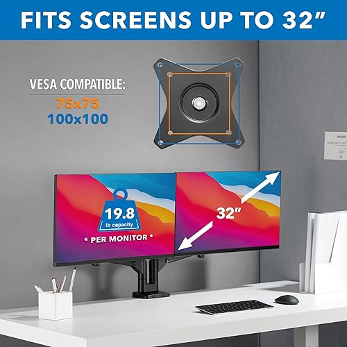 Miniatura 6 de Mount-It! Brazo de monitor dual para 2 monitores de 17" a 32" pantallas, soporta 19.8 libras por brazo, altura ajustable, inclinación/giro/rotación,