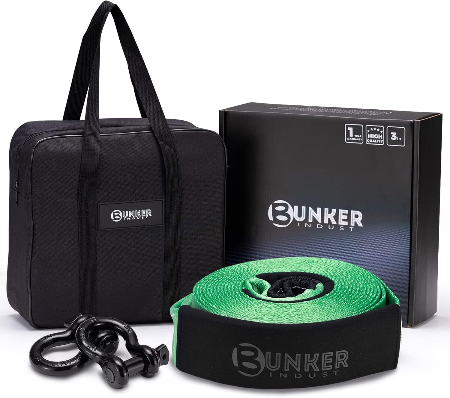 BUNKER INDUST Recovery Towing Strap Kit, 3" x 30ft Heavy Duty 30,000