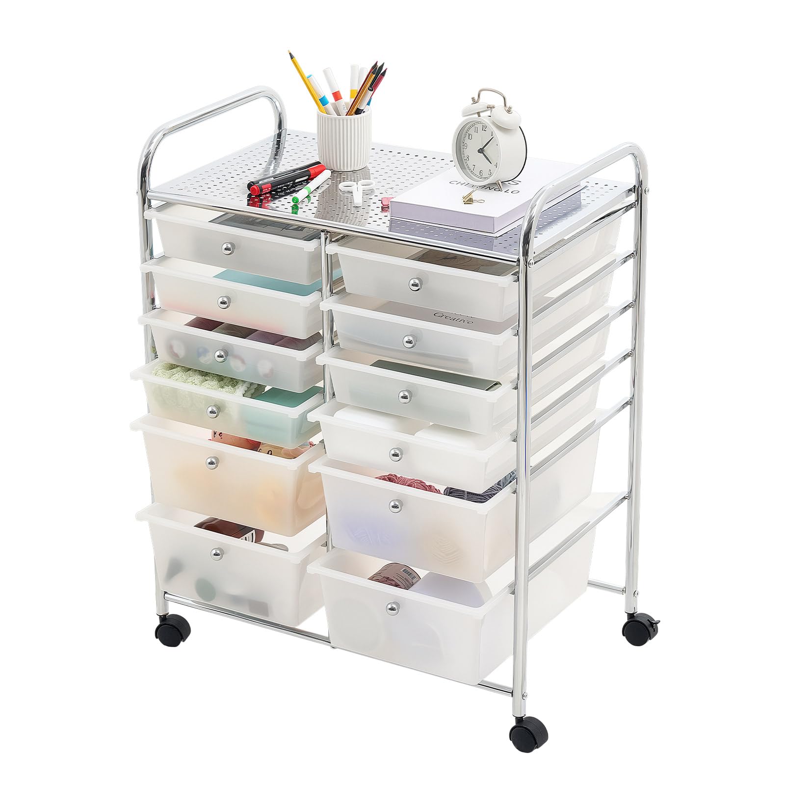VEVOR Carrello con Cassetti Organizer a Doppia Fila con 12 Cassetti e Ruote, Carrello Portaoggetti, Telaio in Acciaio Cromato, Ruote Girevoli a 360° con 2 Freni, Ideale per Ufficio, Garage e Studio