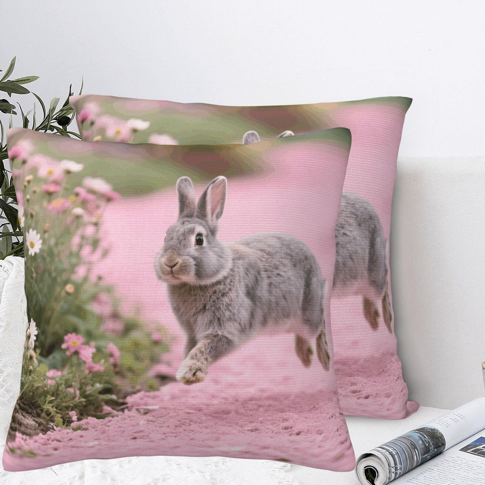 BTCOWZRV Rabbit Runs to The Flowers Plush Throw Pillow Covers 18"X18",Soft Cozy Couch Cushion Covers Decorative Pillow Cases for Holiday Home Bedroom Sofa Decors
