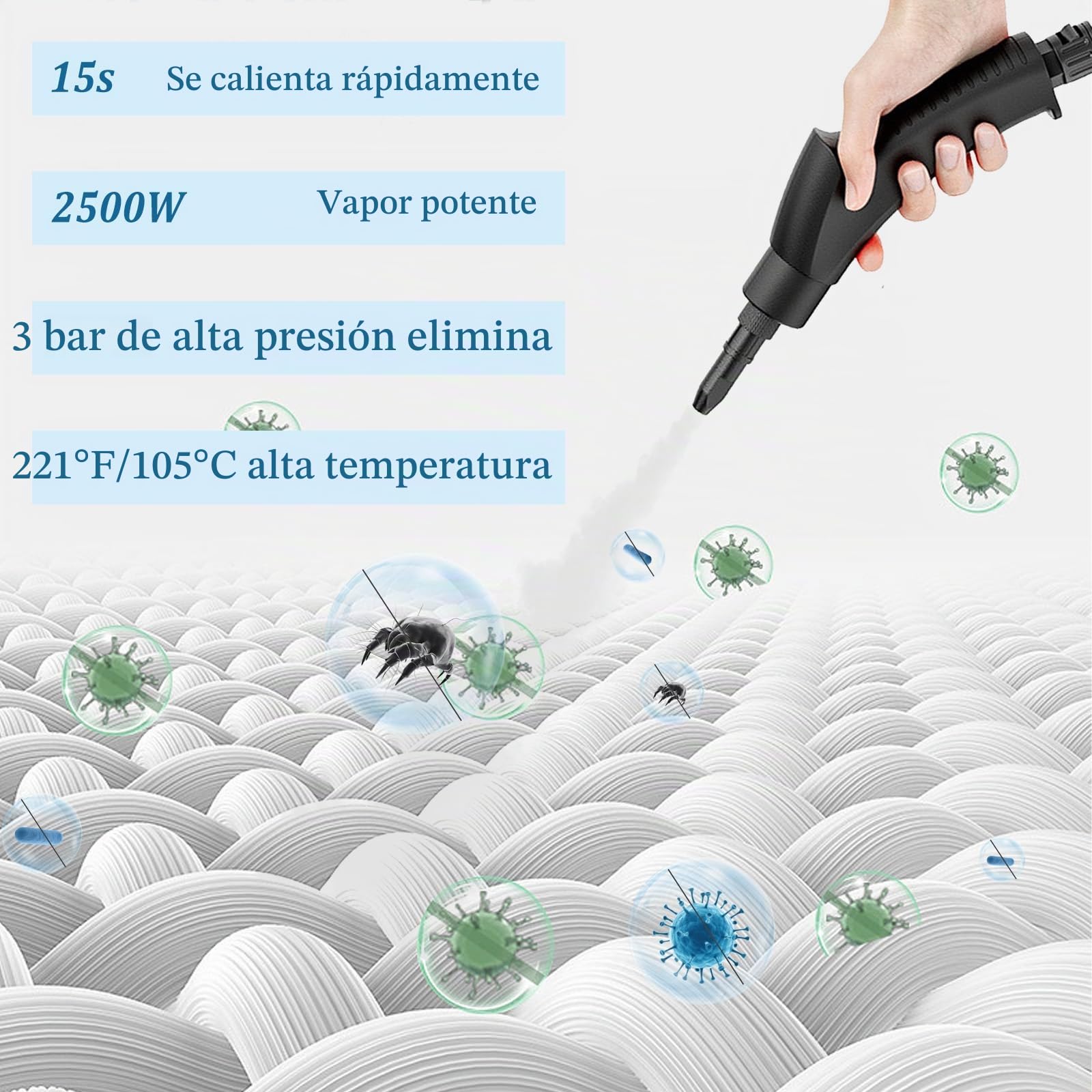 Limpiador a Vapor de 2500w, Limpiador A Vapor de Mano, Ajustable En 6 Niveles, Calentamiento RáPido En 15 Segundos, limpiador A Vapor Para Limpiar Suciedad, Grasa Y Polvo