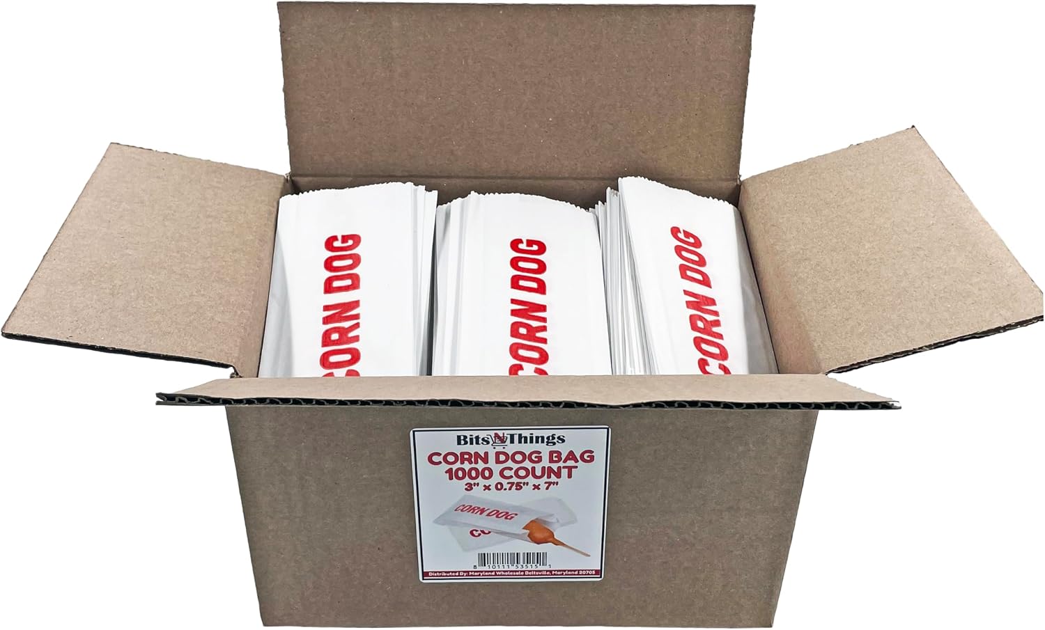 Bits N Things Paper Corn Dog Bags | Party Event Carnival Fair | Classic Red & White Design | 3" x 3/4" x 7" - Pack of 1000, One Size