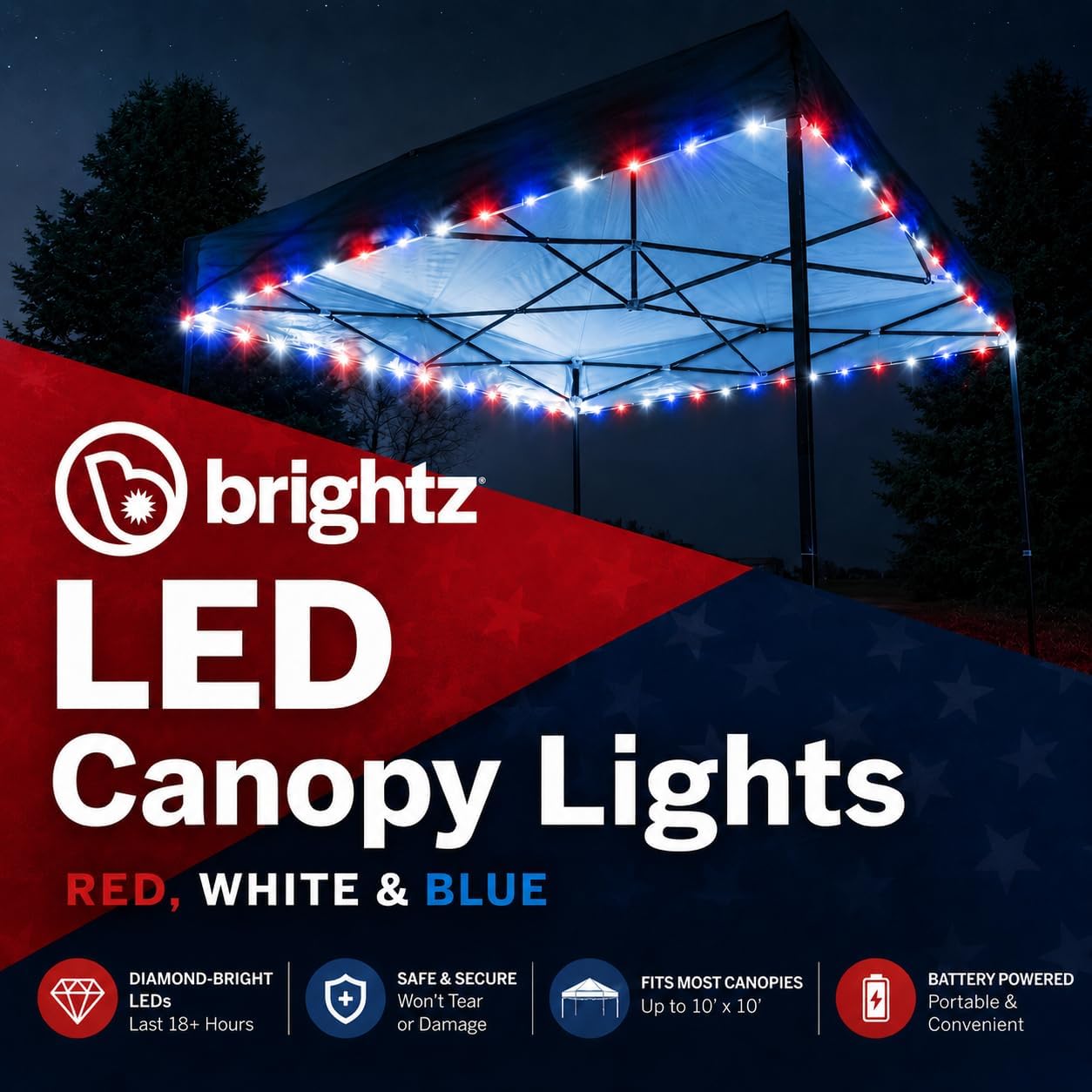 Brightz LED Patriotic Canopy Lights, 40 ft Red White & Blue | 4th of July golf cart decorations & string lights; battery powered 60 LEDs; 24+ hour runtime; made in USA components
