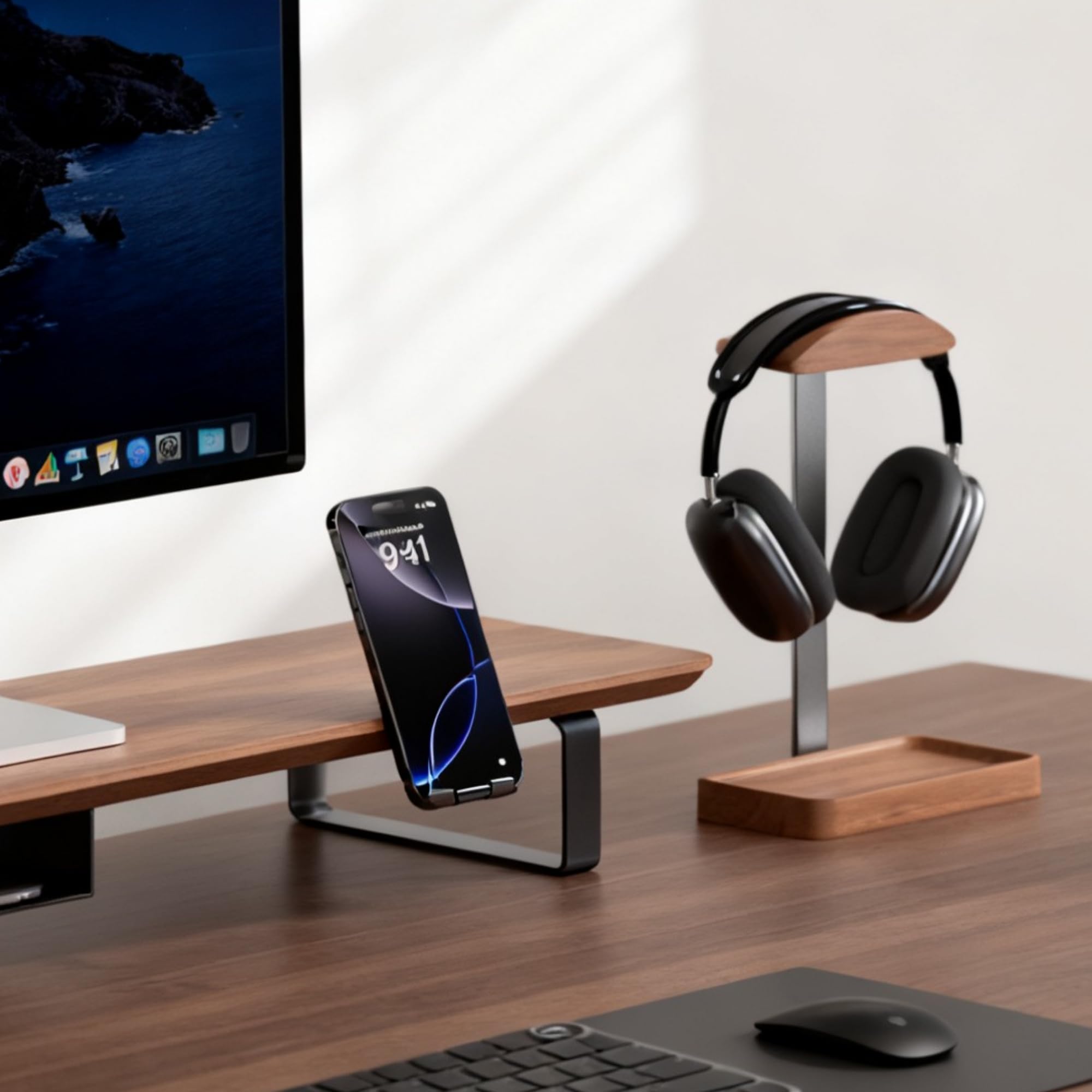 muso wood Support pour casque en noyer, support pour casque en bois avec base de rangement, support pour écouteurs pour le jeu, le bureau et la maison - Compatible avec AirPods Max, Bose, Razer (Noir)