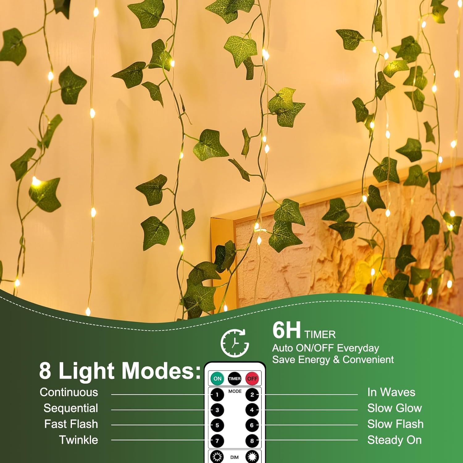 A.bigwhale Guirlande lumineuse de vigne artificielle pour chambre à coucher, 2 x 2 m, guirlande de lierre avec 200 LED, 8 modes, lumières de vigne à suspendre USB pour mariage, fenêtre, mur, fête