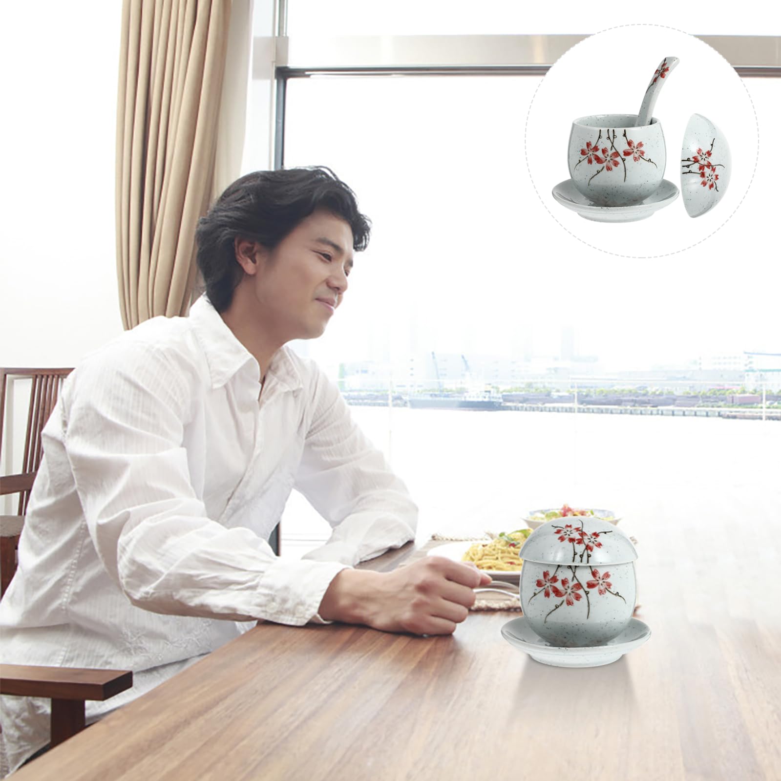 NUOBESTY Tazón Humeante de Cerámica Japonesa para Sopa y Huevos al Vapor 1 Pieza Diseño Esmaltado bajo Cubierta Utensilio de Cocina Resistente y Apto para Diversas Ocasiones