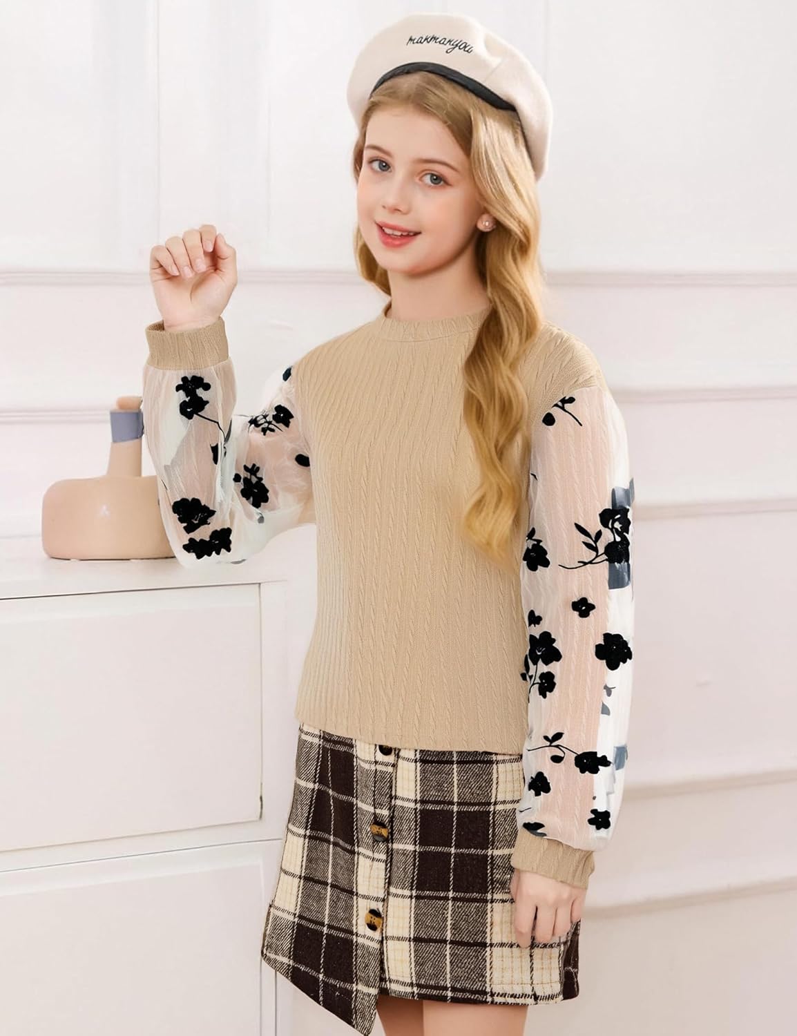 Girl Clothes Girls Outfits Flare-lace Sleeve Top and Plaid Skirt Dress Fall Winter 2Pcs Girls Clothes 6-14T - Image 4