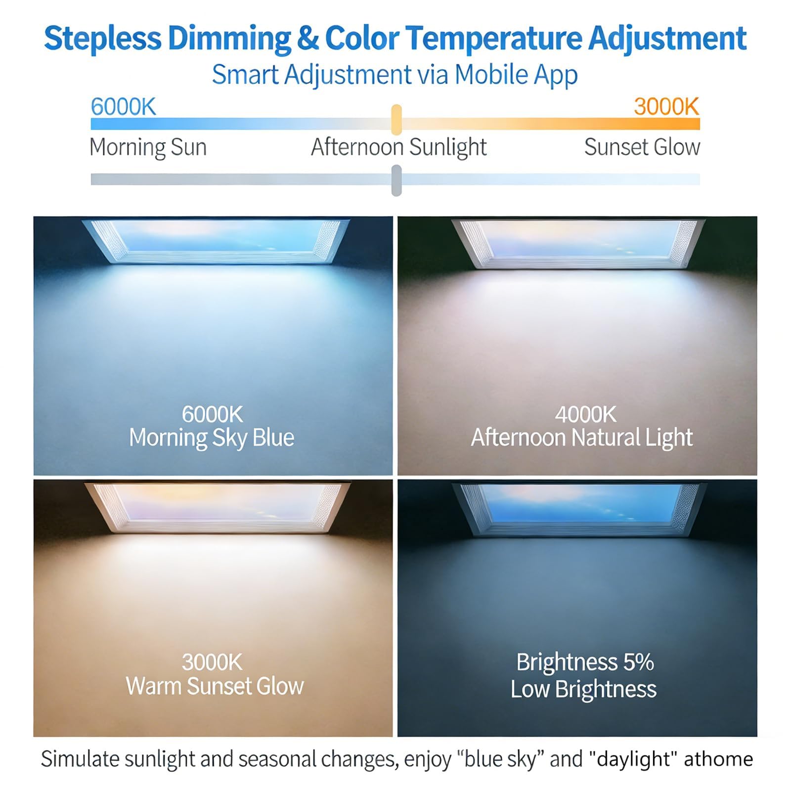 COYEUX Luz Artificial de Techo empotrada, lámpara de Techo «Smart Blue Sky Light» de 60 x 30 cm, Efecto de luz Natural, Regulable de 3000 K a 6000 K con aplicación y Mando a Distancia, para el sótano