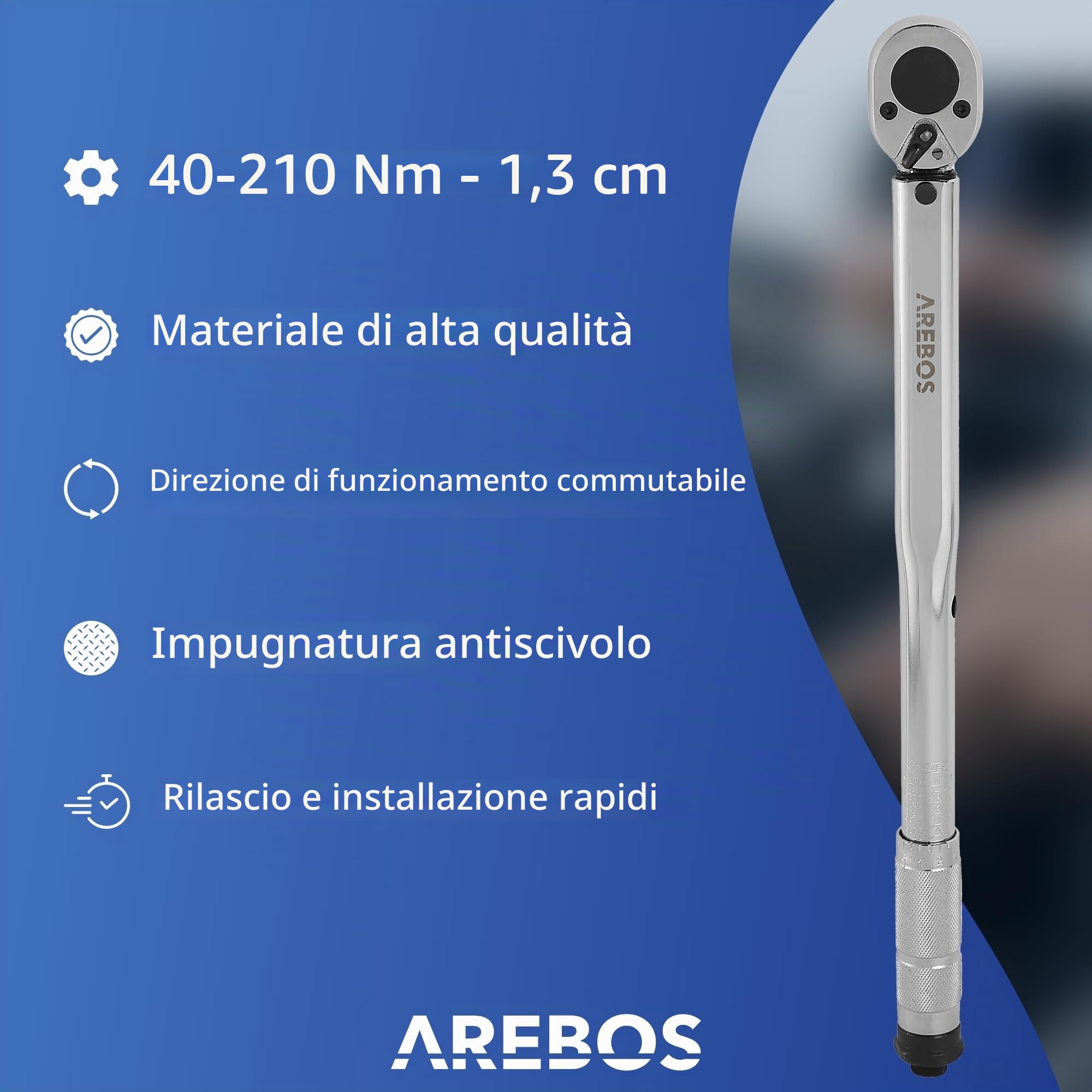 Arebos Chiave dinamometrica per auto 1/2'' 40-210 Nm | Set di 6 chiavi con bussole 17, 19 e 21 mm, prolunga, guanti da montaggio e valigetta | Tolleranza +/- 4%