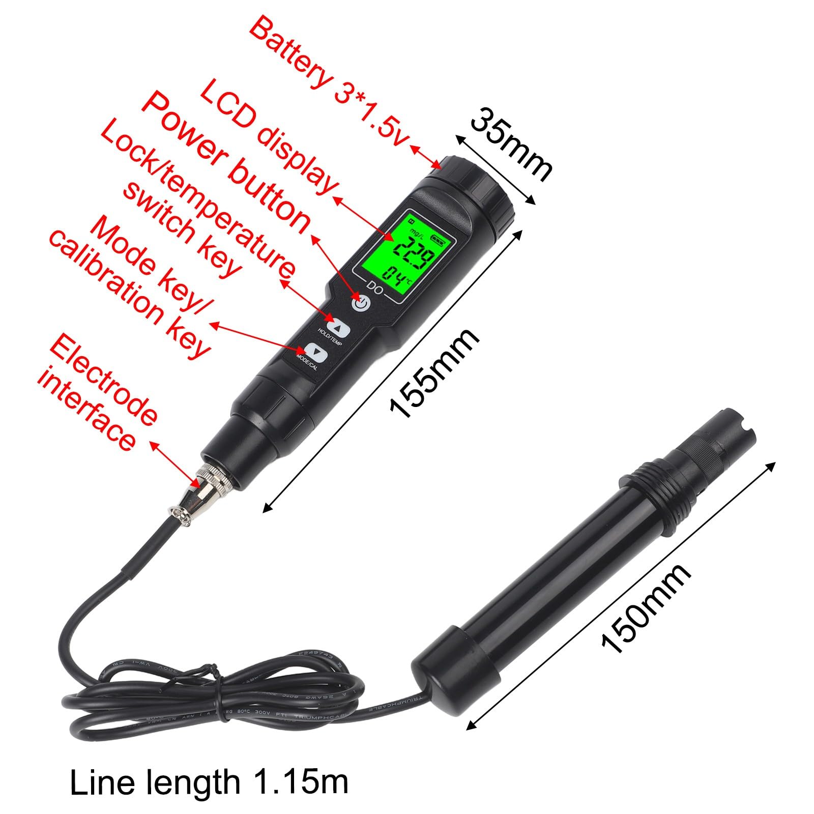 ReachMall Medidor de oxígeno disuelto, analizador digital de calidad del agua, calibración automática para piscinas, océanos, acuarios, cerveza, vino