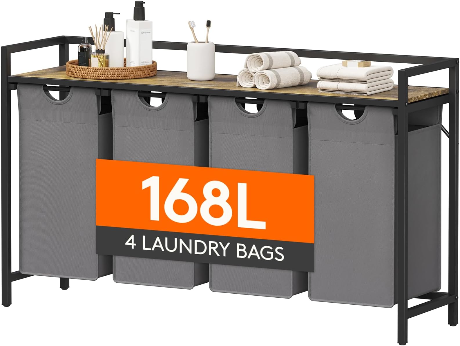 Lifewit Laundry Hamper 4 Section, 168L Pull out Laundry Clothes Basket Organizer with Large Top Shelf and 4 Removable Bags and Handles, Laundry Sorter for Laundry Room Bedroom Bathroom Dorm, Gray