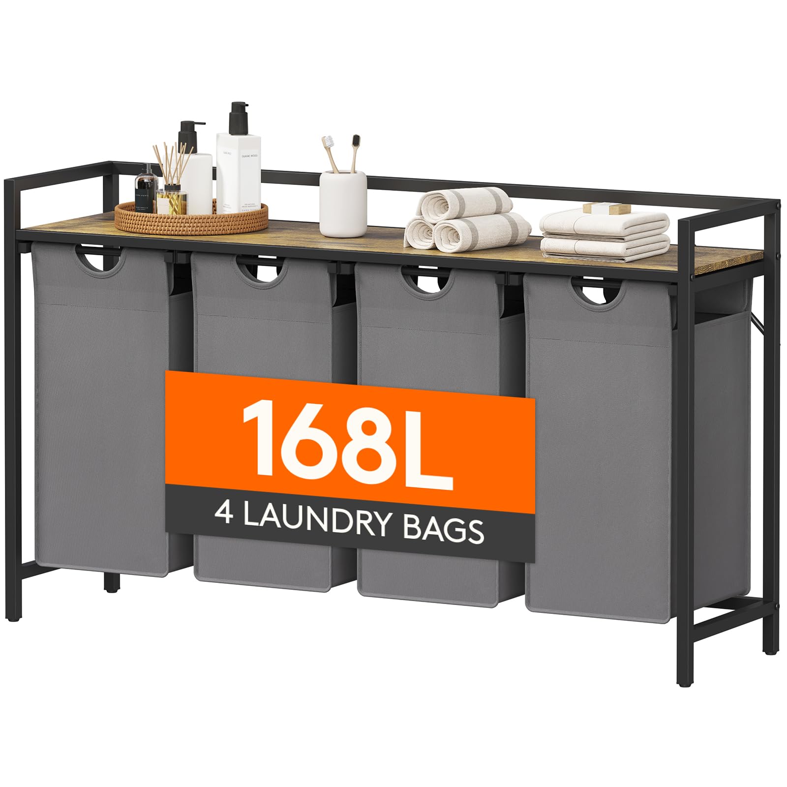 Lifewit Laundry Hamper 4 Section, 168L Pull out Laundry Clothes Basket Organizer with Large Top Shelf and 4 Removable Bags and Handles, Laundry Sorter for Laundry Room Bedroom Bathroom Dorm, Gray