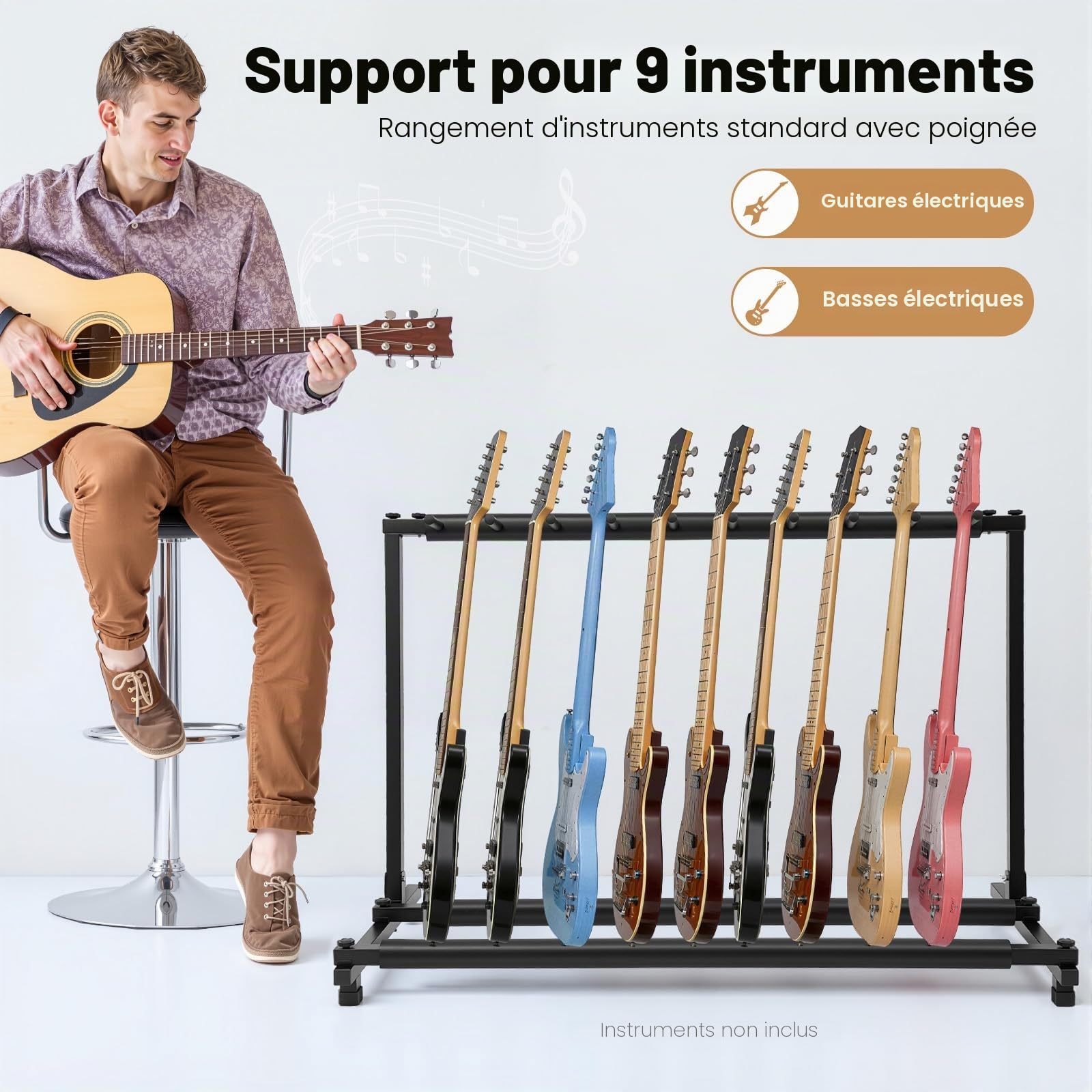 Support de guitare acoustique à 9 positions en bois - Pour guitare de concert - Support de guitare électrique multi-places - Support pour cinq guitares