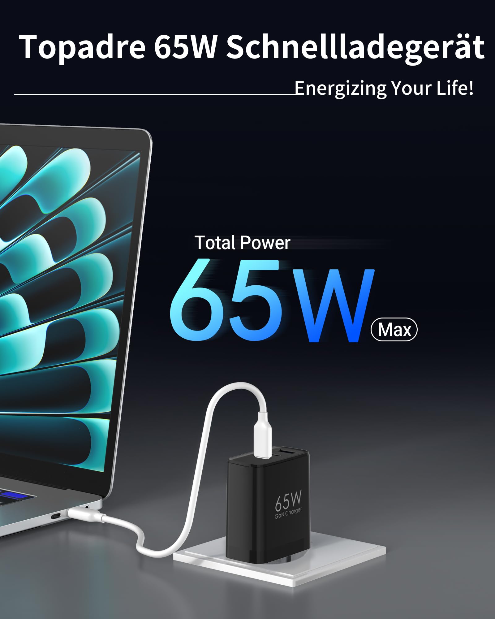 Caricabatterie 65W con USB-C, confezione da 2 con 2 cavi di ricarica da 60W (2 m), caricabatterie rapido USB-C compatibile con MacBook Pro/Air, iPad, iPhone 17/16/15 Pro Max e Galaxy S25/24/23. Nero