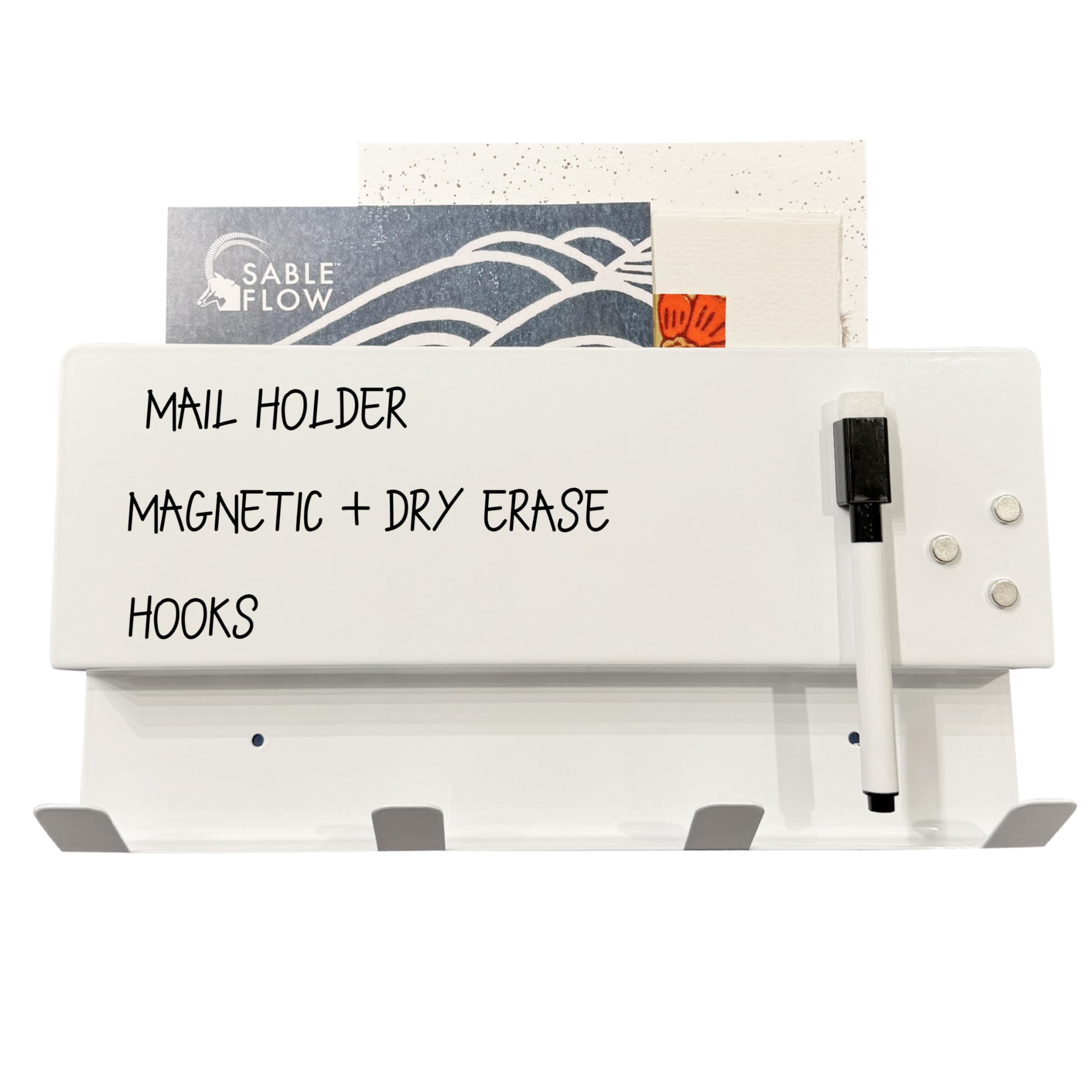 4-Hook Wall Organizer with Whiteboard - Keys, Mail, Coat Hanger for Home & Dorm. Includes Marker & Magnets- Sable Flow