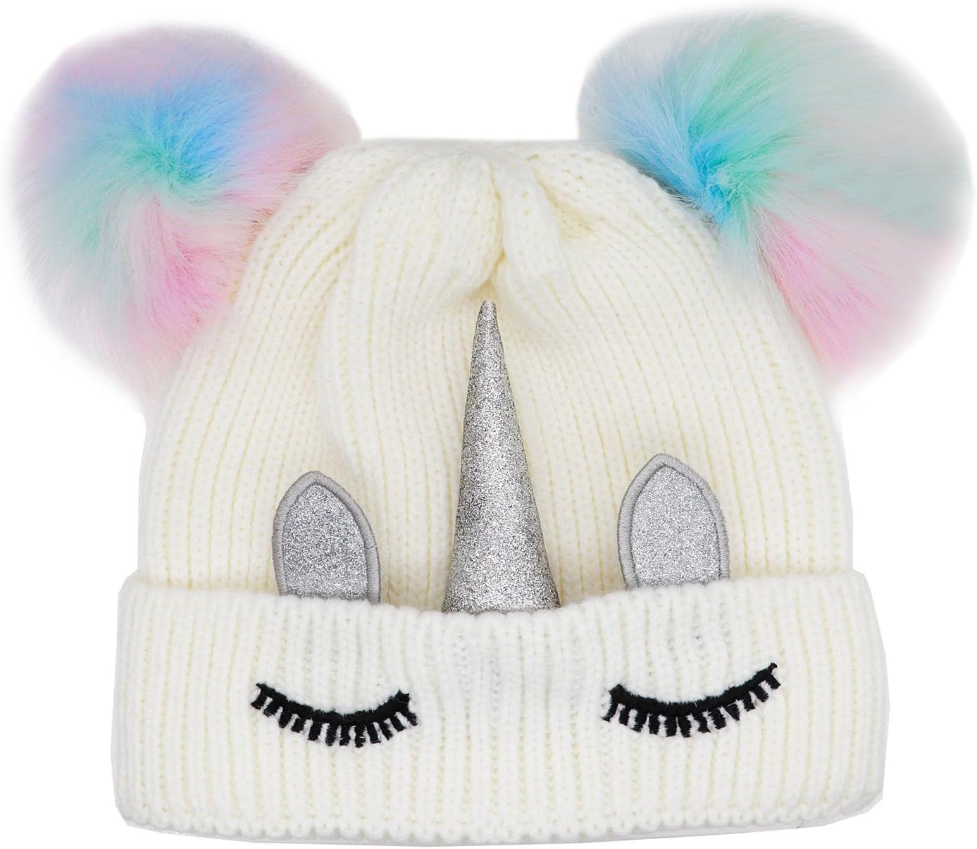 Little Girls Winter Sequin Unicorn Beanie Hat with Pom Pom Knit Cap for Kids Baby Toddler