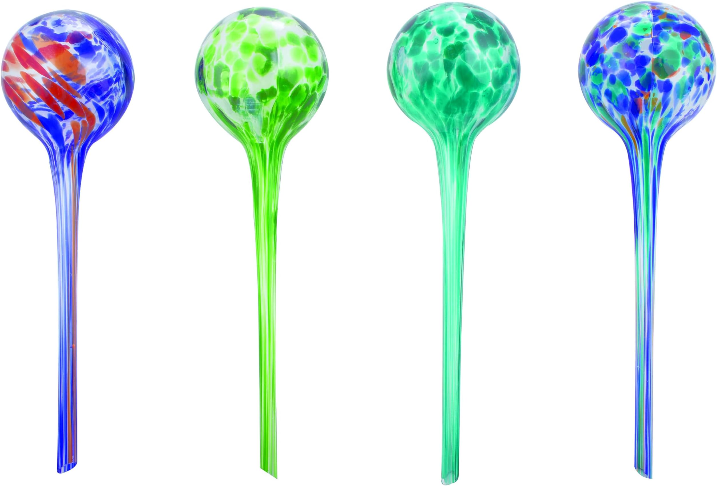 4-Piece Watering Globe Set, Colorful Hand-Blown Glass Plant Watering System