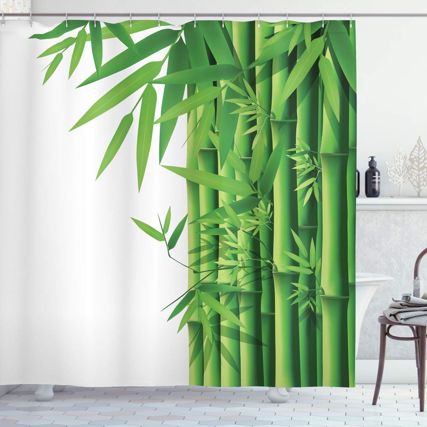 ABAKUHAUS Bamboo Shower Curtain, Modern Image of Fresh Bamboo Stems Leaves with Colors Exotic Nature Themed Print