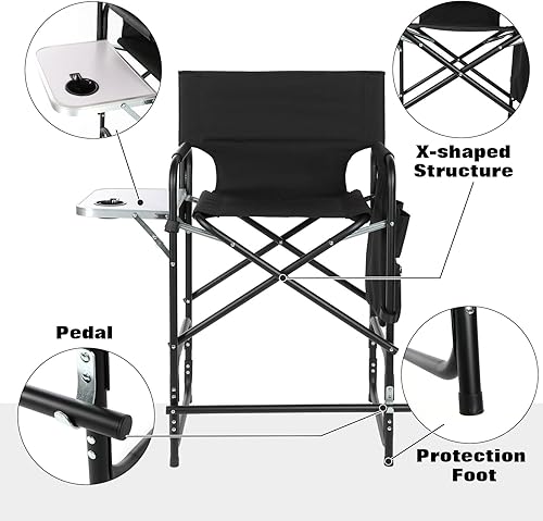 Miniatura 4 de Sillas altas de aluminio plegables para directores, silla de maquillaje de 41 pulgadas para maquilladores con mesa auxiliar, bolsa de almacenamiento