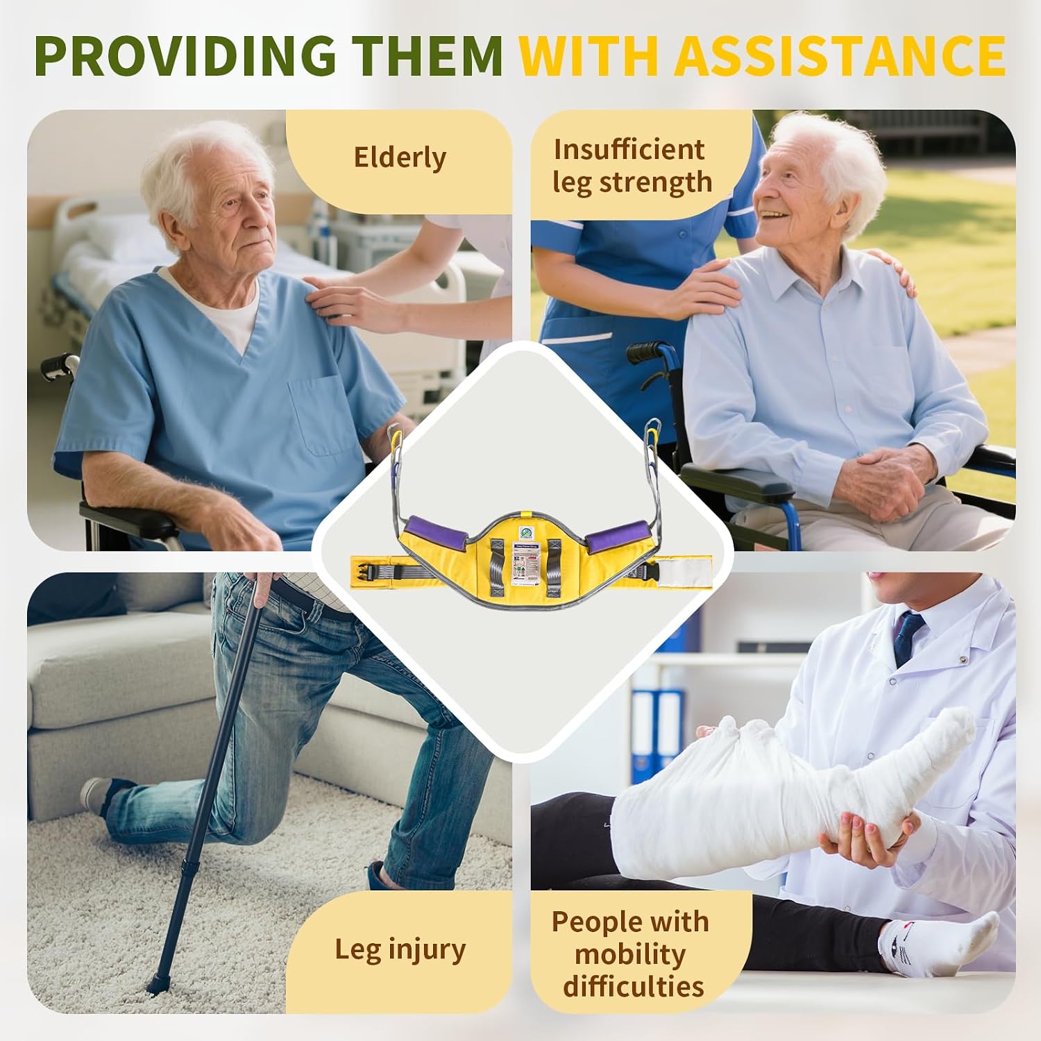 500 lb Capacity Sit to Stand Lift Sling with Back Support, Standing Assist Transfer Sling for Elderly & Disabled Adults, Padded Non-Slip Stand Aid Sling with Reinforced Handles (Yellow, Large)