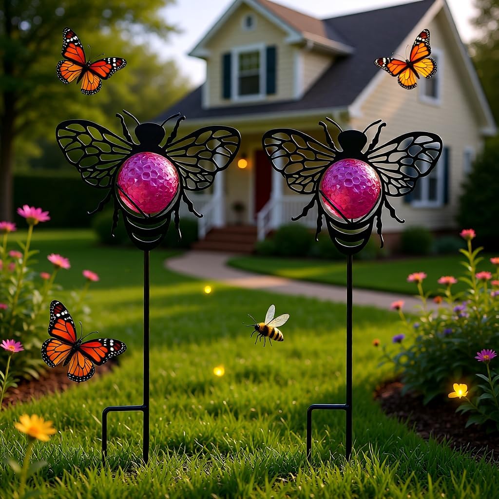 Bee Solar Lights Outdoor Decorations, 2 Pack Metal Iron Solar Stake Lights for Yard, Garden, Lawn Decor