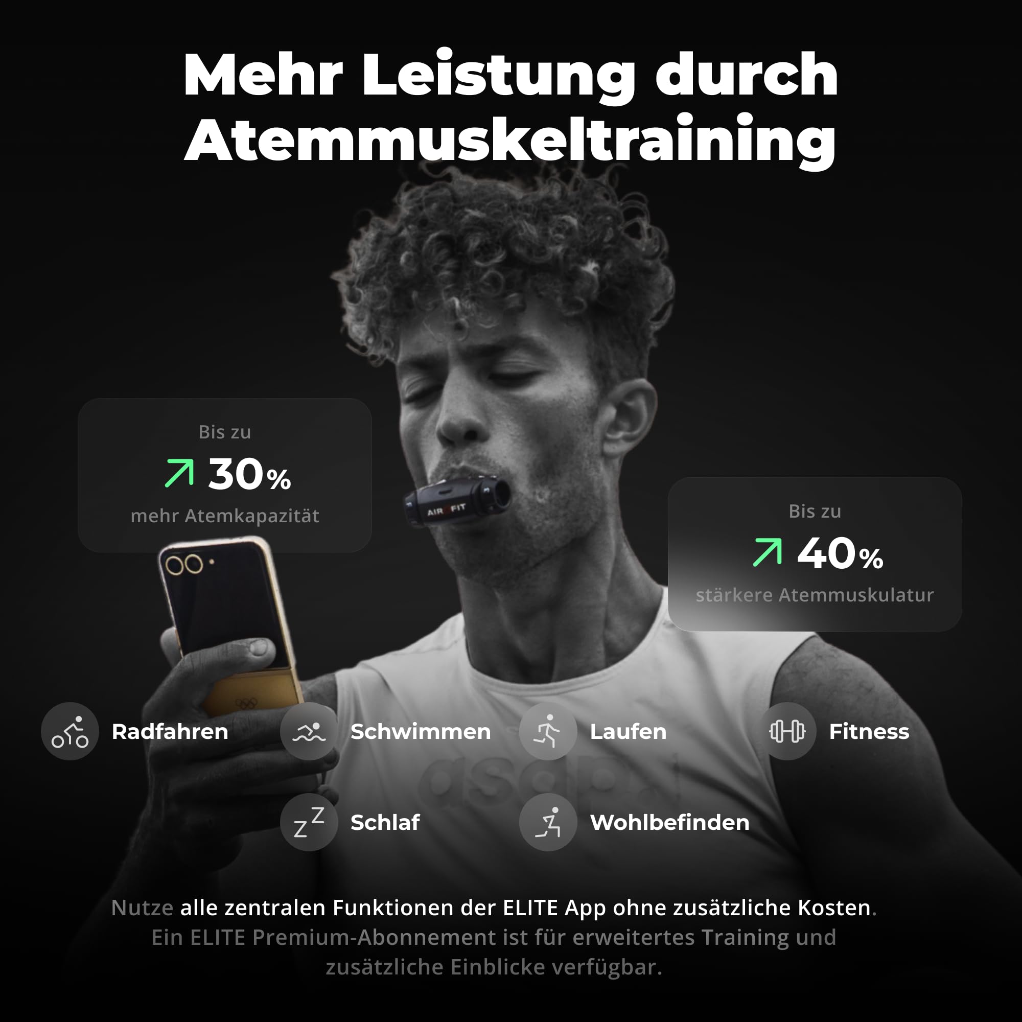 Airofit Elite Atemtrainer – Einstellbarer Widerstand fürs Training | Tragbar; Widerstandsräder; App-geführtes Atemtraining; für Zuhause, Fitnessstudio und Reisen