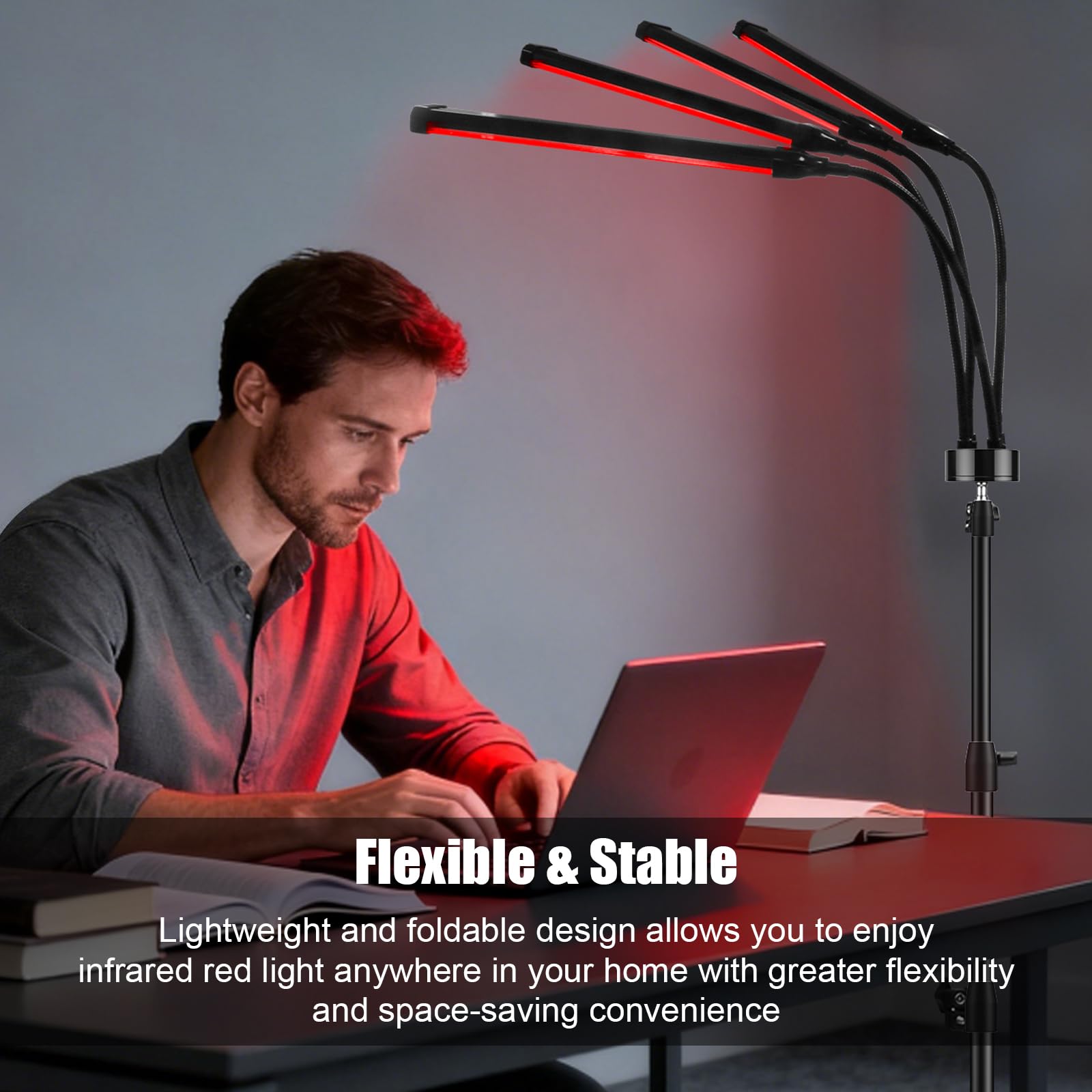 Rotlichtlampe mit Ständer, Infrarotlampe mit 660nm 850nm, 4 LED-Köpfe, 5 Helligkeitsstufen & Timer, freihändige Rotlicht Anwendung für Rücken, Nacken, Schulter & Beine
