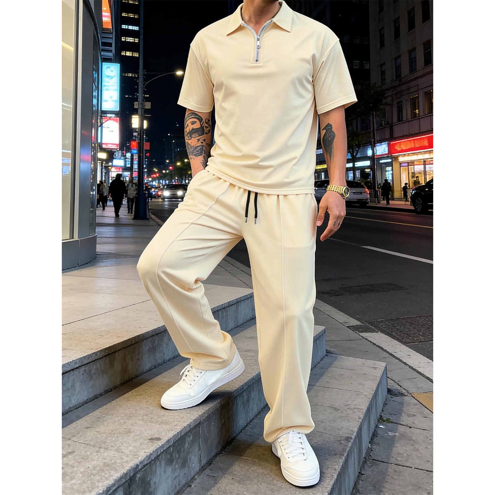amropi Estiva Sportiva Tuta Uomo Maniche Corte Maglietta con 1/4 Cerniera e Pantaloni da Jogging 2 Pezzi Set