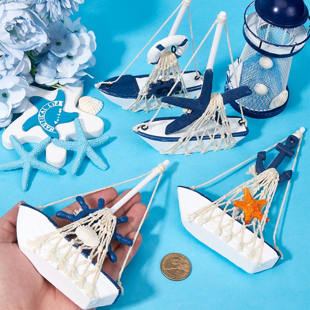 GORGECRAFT 4Pcs Mini Sailboat Model Decoration Wooden Miniature Sailing Boat Home Decor Set Beach Nautical Design Marine Blue and White Desktop Ocean Landscape Ornament for Bathroom Bedroom - Image 3
