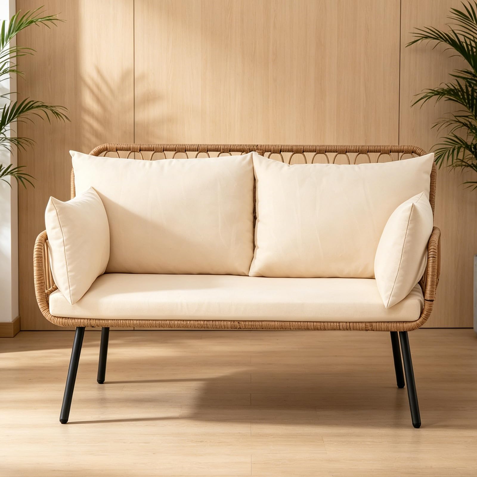 Canapé de Jardin 2 Places en Rotin Résine 118x62x81 cm avec Coussins, Cadre Métal, Charge 300 kg pour Balcon Terrasse