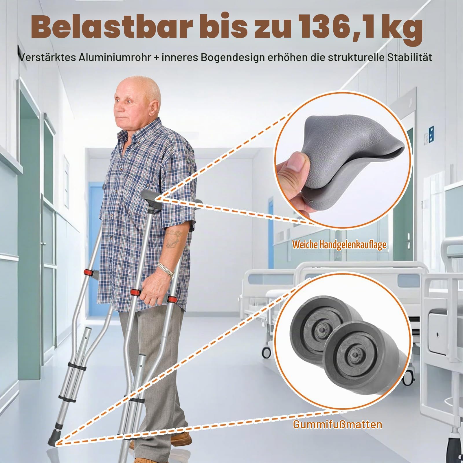 Unterarmgehstützen Aluminium, Faltbare Krücken höhenverstellbar 135–195 cm, 136 kg belastbar, Gehstützen mit rutschfesten Füßen, für Erwachsene nach OP oder Beinverletzung, 1 Paar