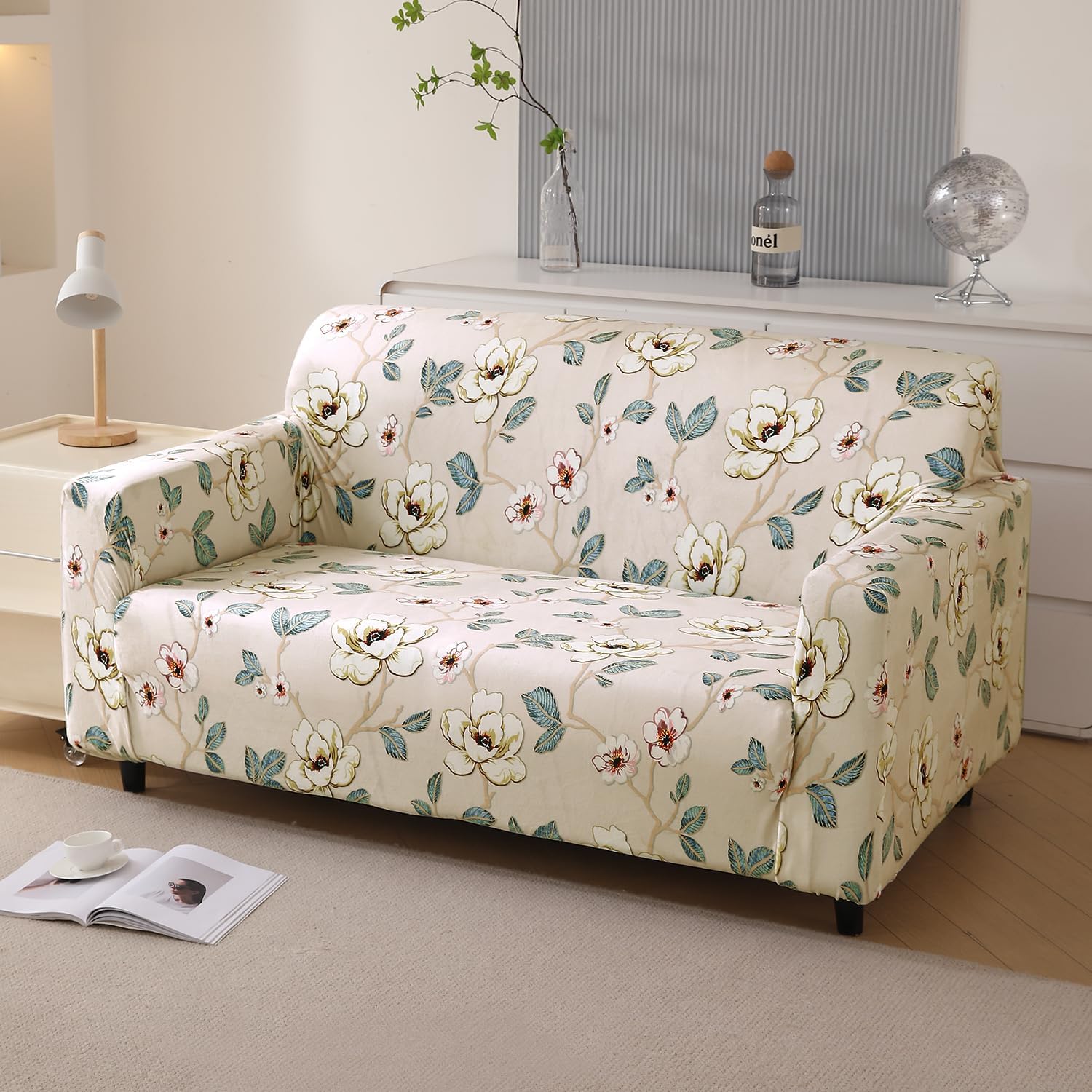 HOKIPO Premium Printed Velvet Sofa Cover 2 Seater Fully Covered, Buttercream Magnolia Whisper (NEW-AR-5796-D5)-image-9