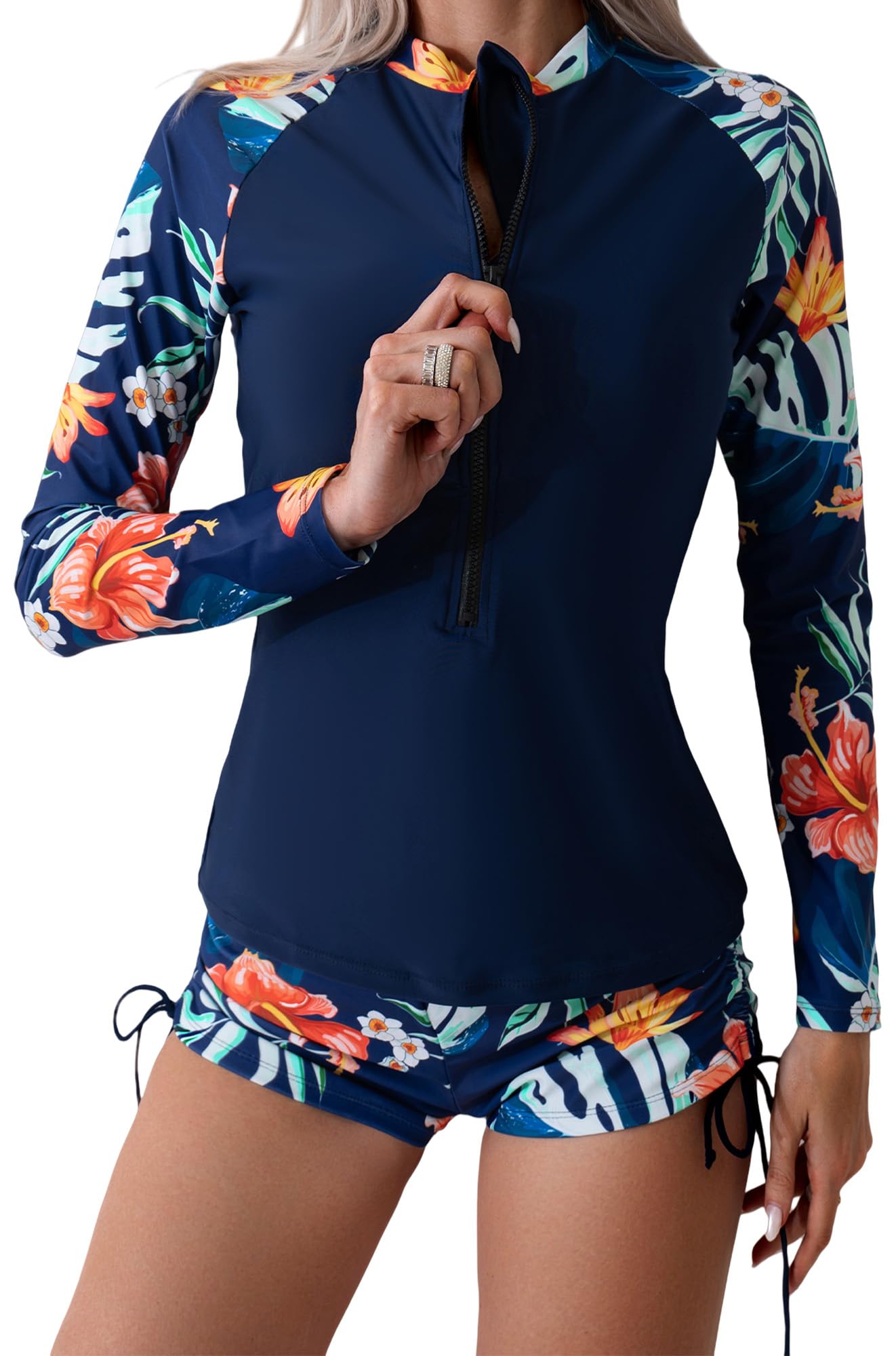 Rashguard - Costume da bagno da donna, a due pezzi, a maniche lunghe, protezione UV, surf, bikini tropicale con top e pantaloncini