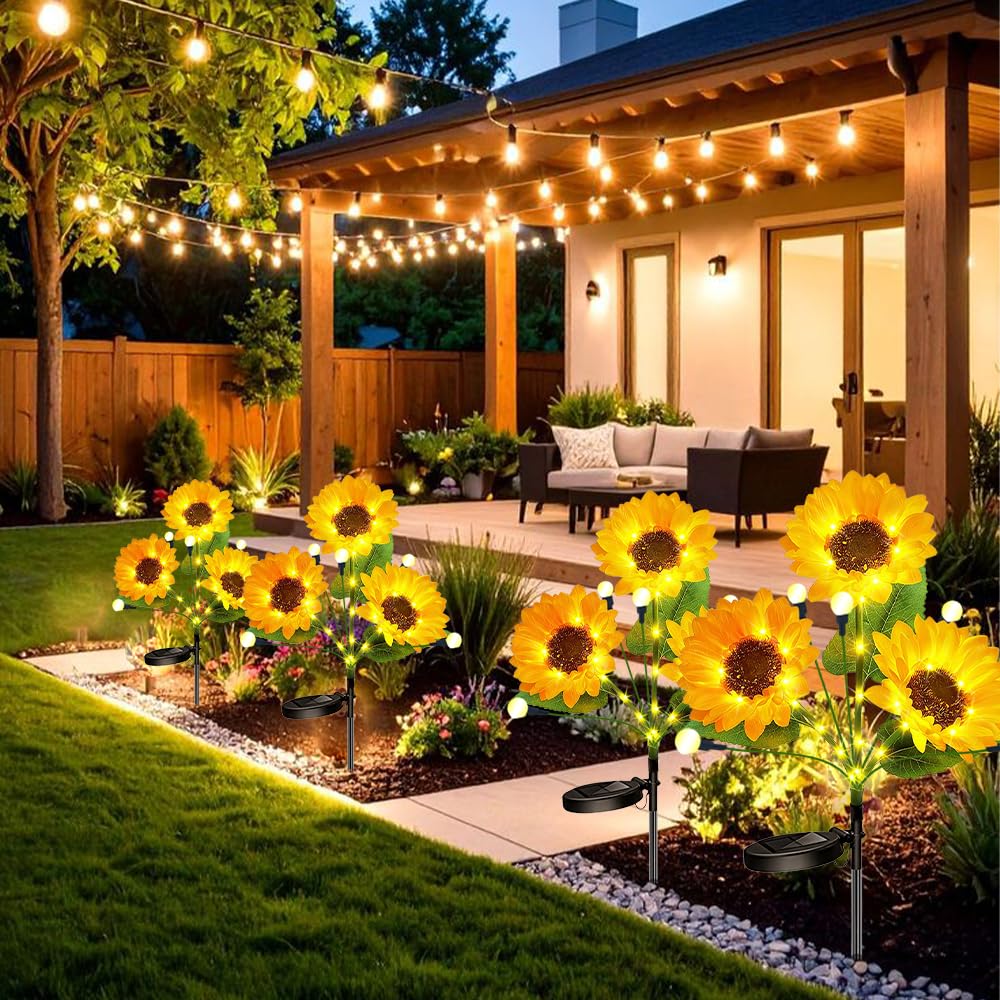 Luci solari da giardino a forma di girasole, confezione da 4 pali decorativi per esterni, con luci a LED a forma di lucciola, impermeabili, per cortile, prato, patio