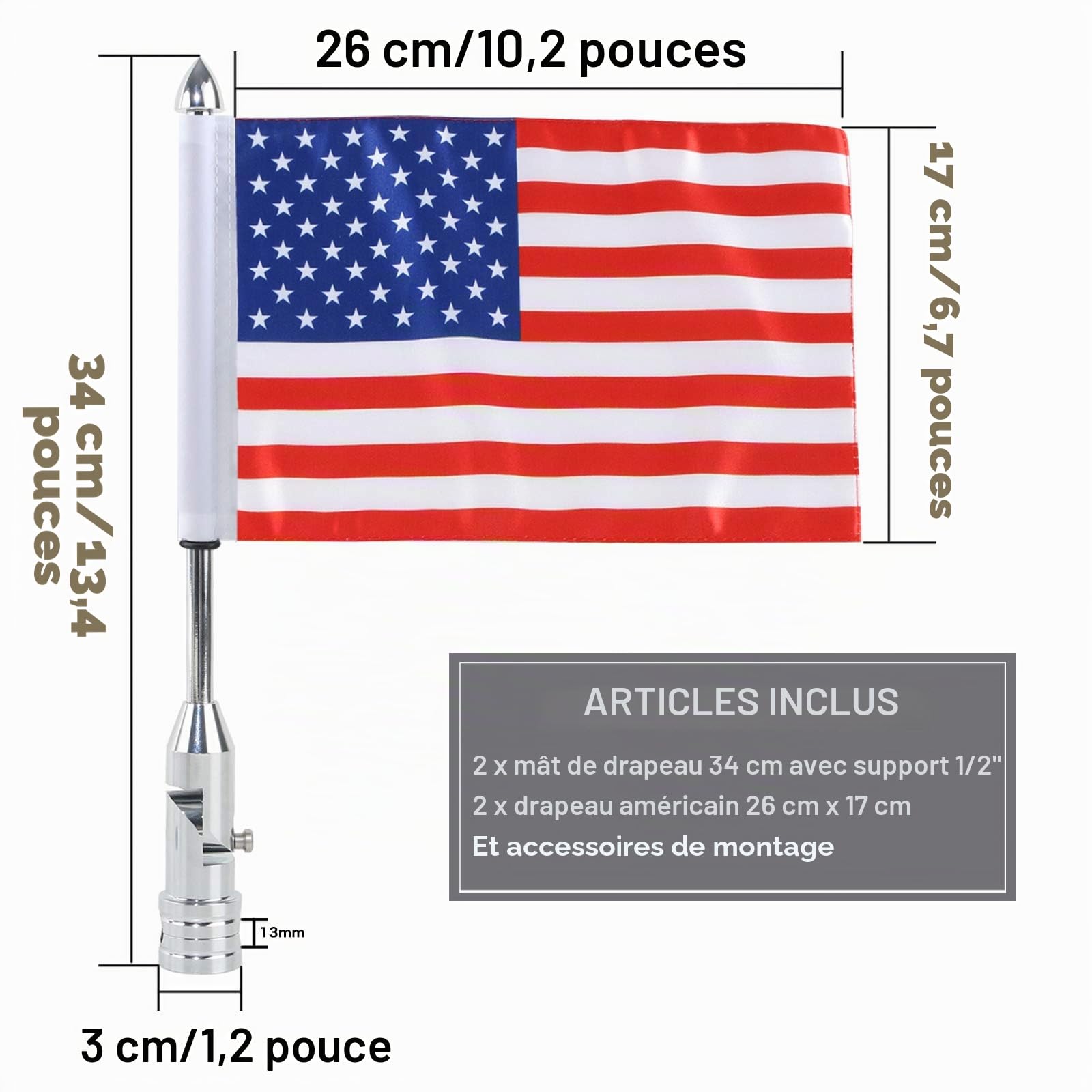 Lot de 2 mâts de Drapeau de Moto Pliables à 90 ° et Drapeaux américains, Supports de Drapeau pour Porte-Bagages de 1,3 cm