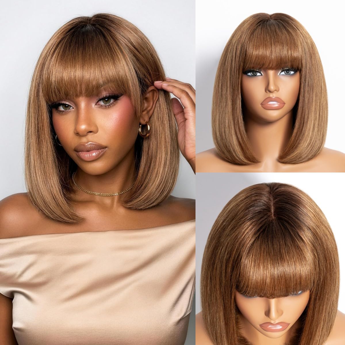 Arabella Bob Wig Human Hair Honey Blonde Bob Wig with Bangs 10inch Bob Wig