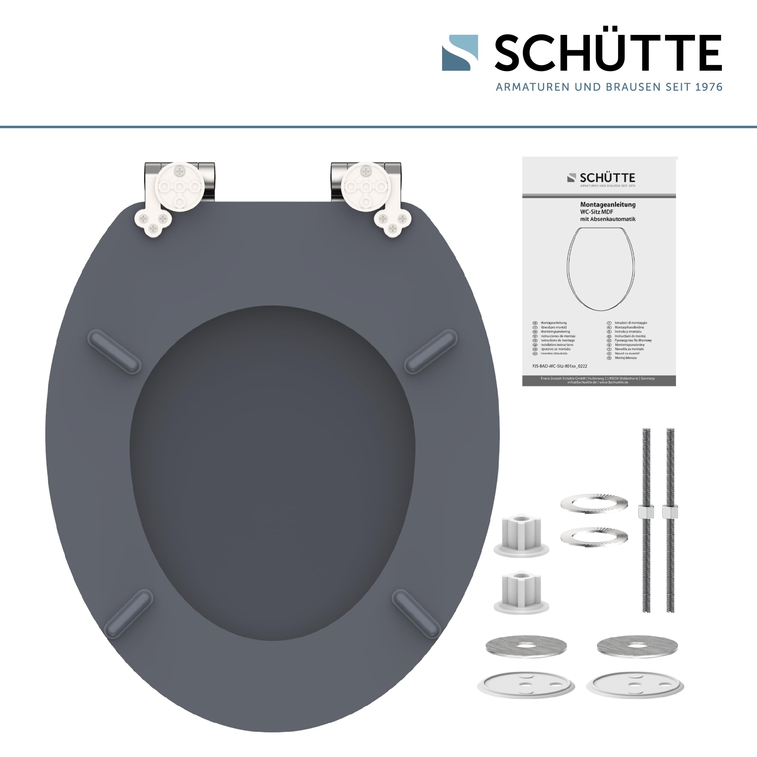 SCHÜTTE Cuvette Toilette Bois avec frein de chute | Massif Abattant WC Bois | Avec abattant durable | Très grande résistance au poids | Testée jusqu'à 175kg | Gris