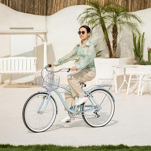 Vista 26 de ACEGER Bicicleta de confort para mujer, de 24 y 26 pulgadas, velocidad única y 7 velocidades, bicicleta de ciudad para adultos, marco de acero