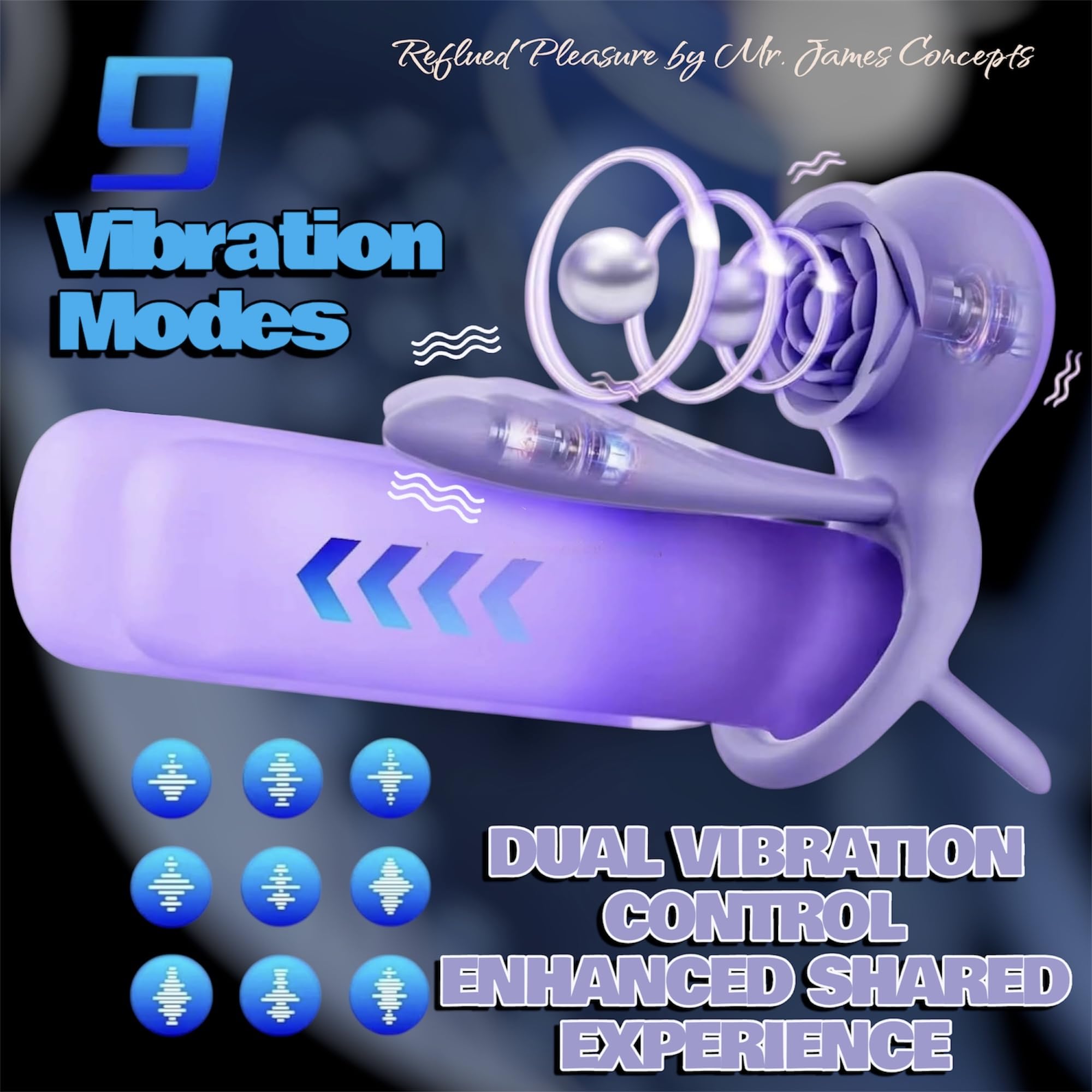 Mr. James Concepts – Wearable Anello vibrante doppio – 10 modalità Prostate & Clitoral Stimulator, impermeabile, silicone morbido, ricaricabile USBe, Fits All, coppie Pleasure Toy