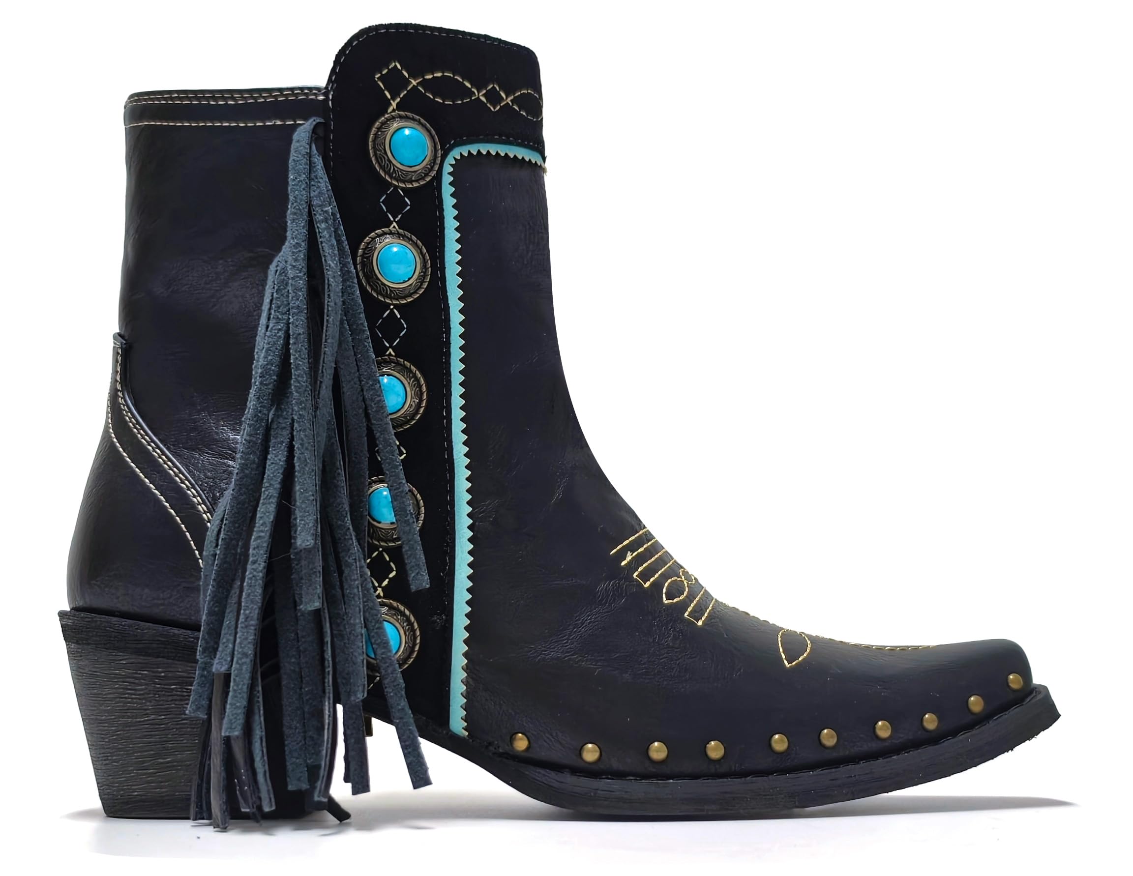 Fringe Booties Studded Women Cowboy Ankle Boots with Turquoise Stones