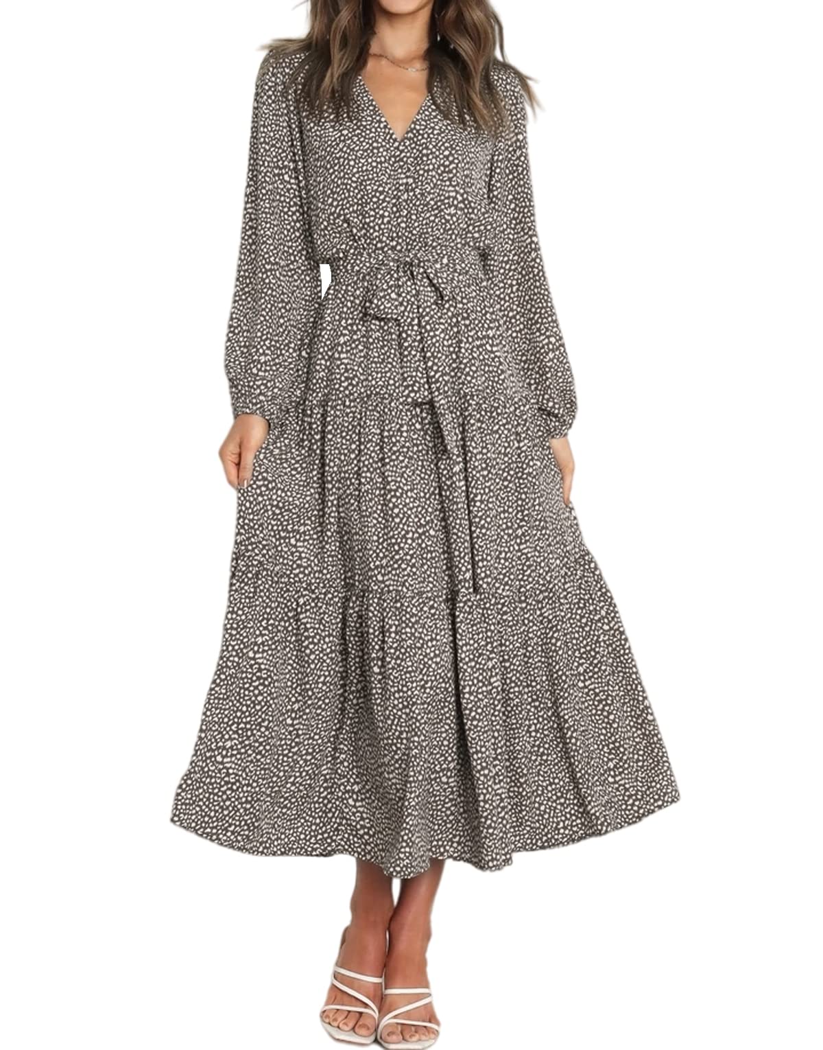 R.Vivimos Women's Fall Long Sleeve Casual Dresses Wrap V Neck Polka Dots Tiered Ruffle Flowy Midi Dress with Belt