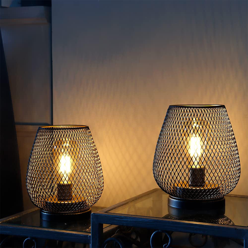 TRIROCKSSet of Metal Battery Operated Lamps, 17 cm High Metal Cage Shape,  Wireless Table Lamp, Battery Lanterns with LED Edsion Bulb for Patio