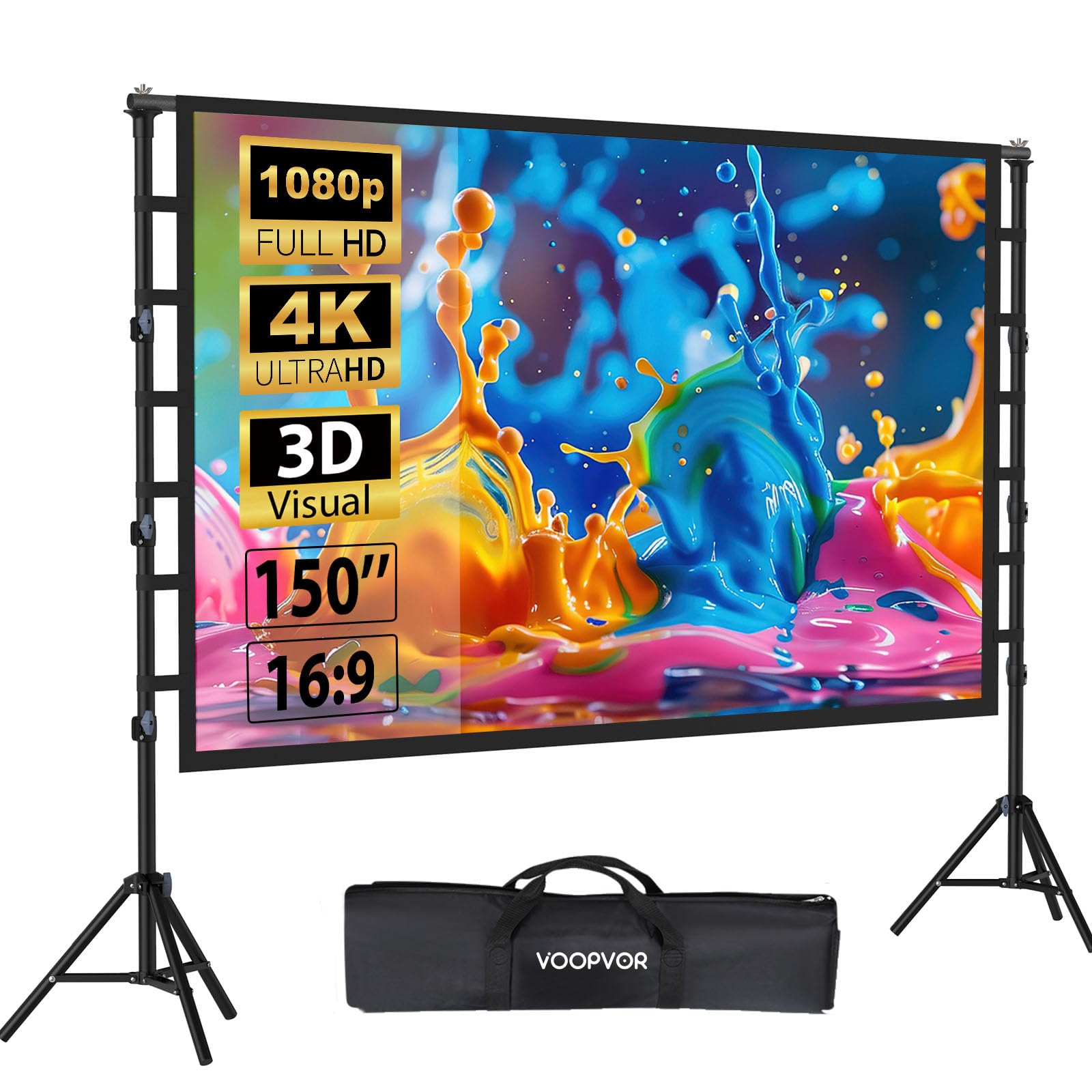 VOOPVOR Outdoor Beamer Leinwand mit Stativ 150 Zoll: Tragbare Projektionsleinwand 16:9 4K HD, Kinoleinwand für Innen/Außen, mit Tragetasche & höhenverstellbarem Stand für Heimkino & Camping