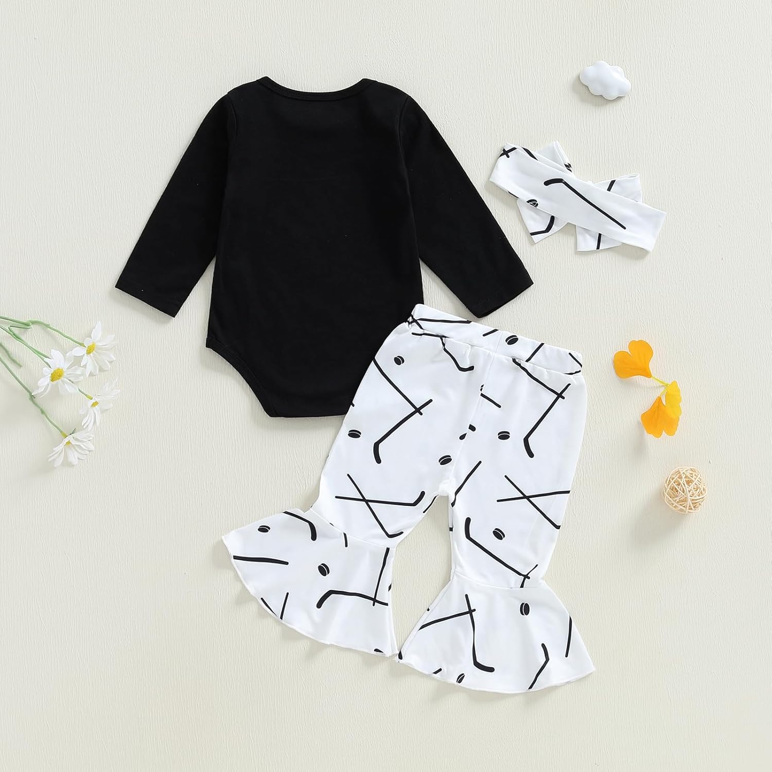 Baby Girl Fall Clothes Puck Cute Bodysuit Hockey Flare Pants Headband 3Pcs Bell Bottoms Set Newborn Going Home Outfit - Image 5