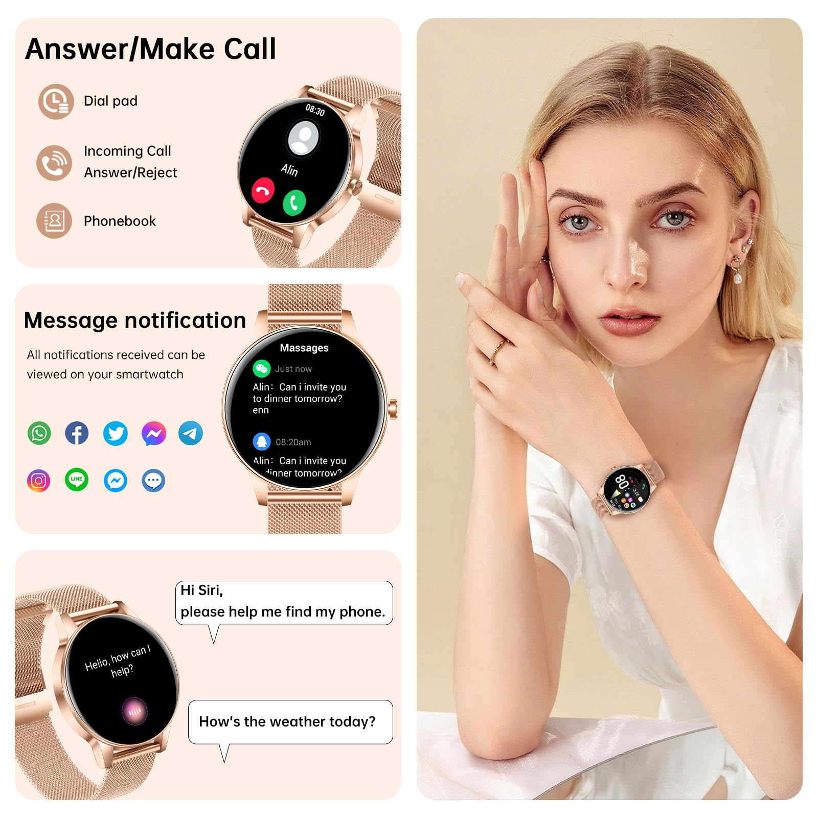 Smartwatch für Damen (Annehmen/Tätigen von Anrufen), 3,2 cm (1,25 Zoll) HD-Bildschirm, Fitness-Tracker mit Herzfrequenz-/Schlafmonitor, 130+ Sport-Modi, IP68 wasserdicht, Aktivitäts-Tracking