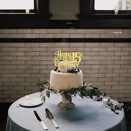 Miniatura 6 de 1 decoración de pastel de feliz cumpleaños número 15 con purpurina dorada para cumpleaños de 15 años, decoración de pastel de cumpleaños de 15 años,